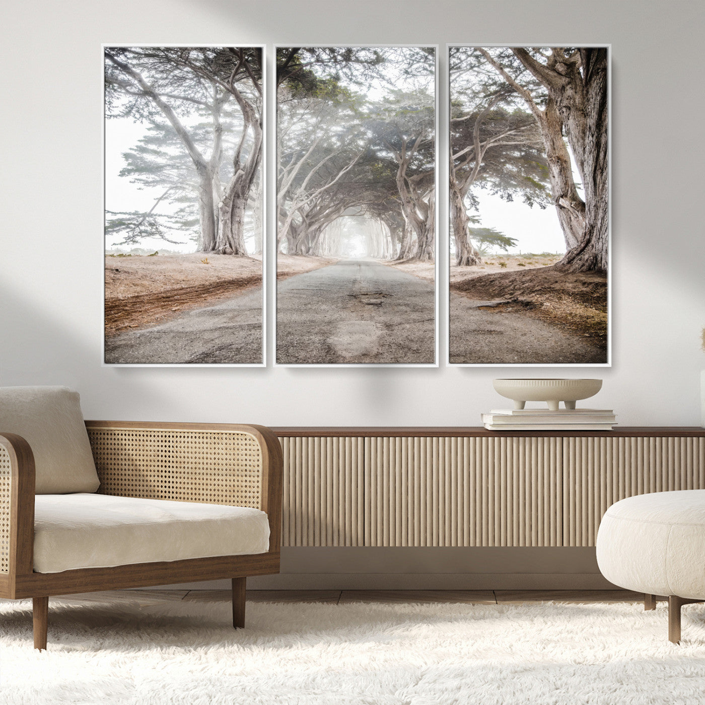 87090469-MGV-CV-36X24-Cypress Tunnel Wall Art – Framed Misty Road Canvas Artwork, Foggy Trees Design, Rustic Woodland Nature Decor for Home, Office