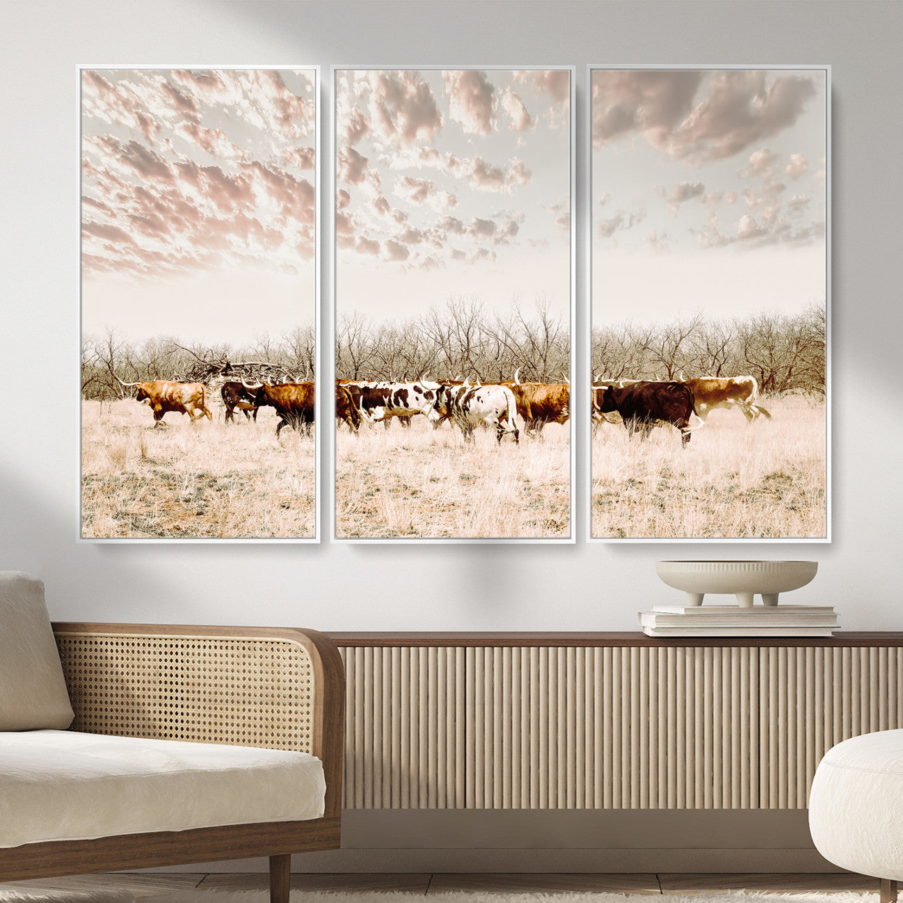 64892775-MGV-CV-36X24 - Longhorn Cattle Wall Art Canvas Print, Framed Texas Ranch Art Picture Print, Western Cow Perfect Western Decor Artwork