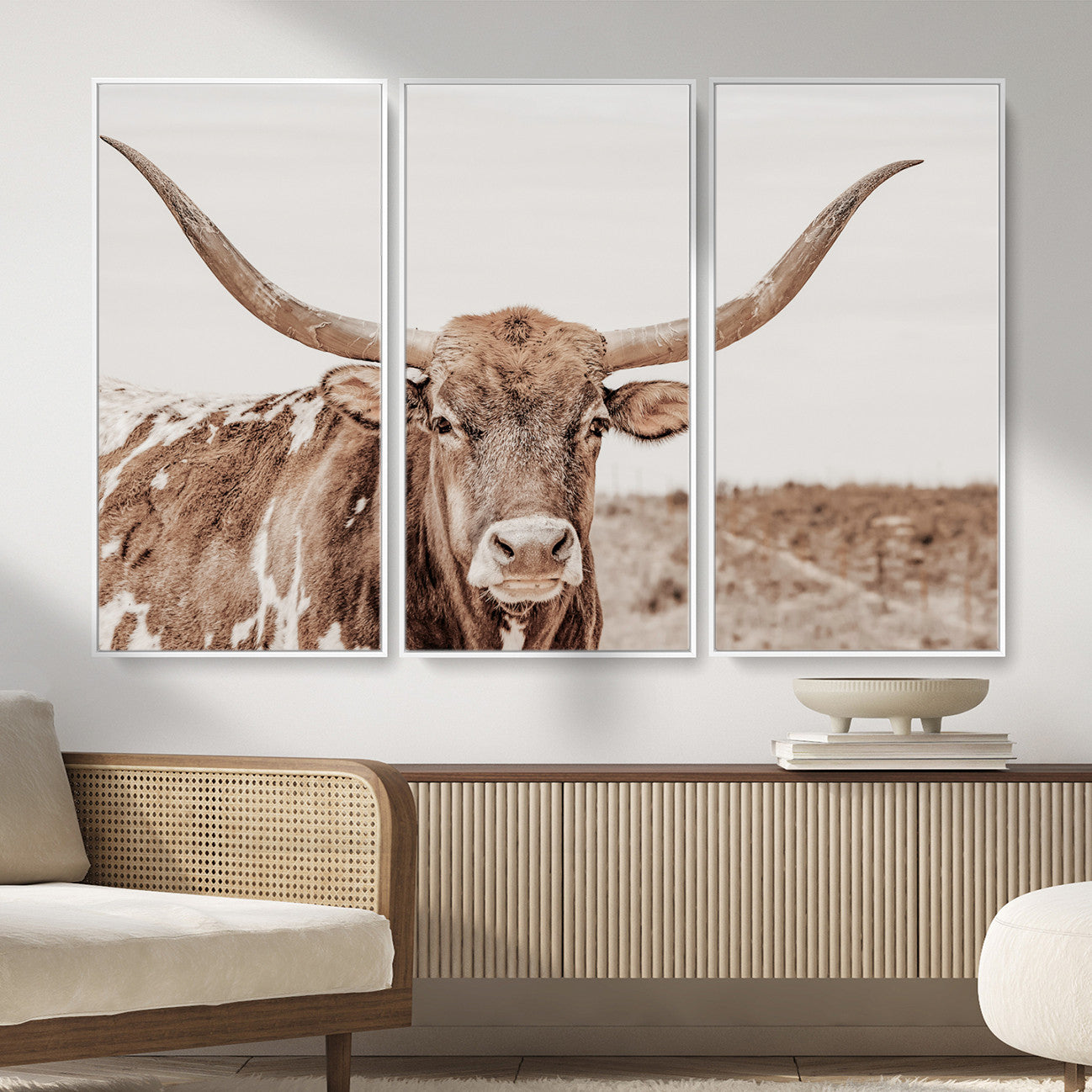 39964150-MGV-CV-36X24 - Longhorn Cow Wall Art Canvas Print, Texas Ranch Print, Framed Western Bull Art Print, Large BigHorn Cowboy Printing Perfect for County Decor