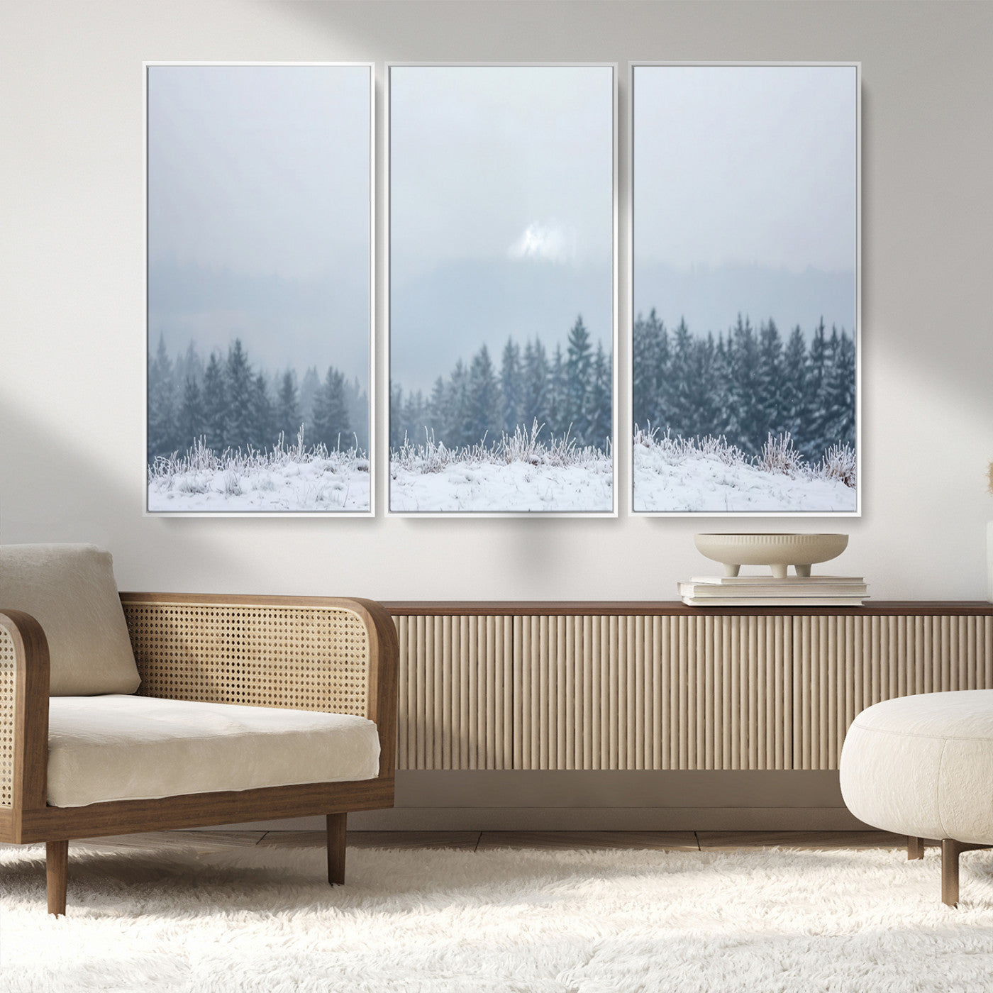 33033082-MGV-FC-48X32-3P_White-Winter Forest Wall Art Canvas Print – Framed Snowy Landscape Art Picture Misty Tree Scene Artwork for Home Office