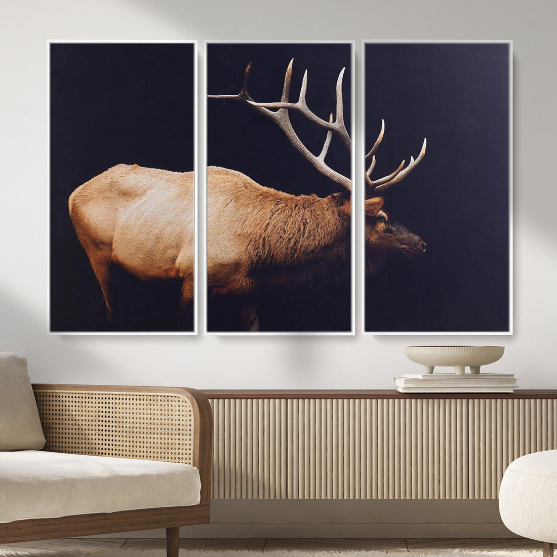 Rustic Elk Wall Art Canvas Print, Framed Moody Wildlife Art, Western Lodge Decor