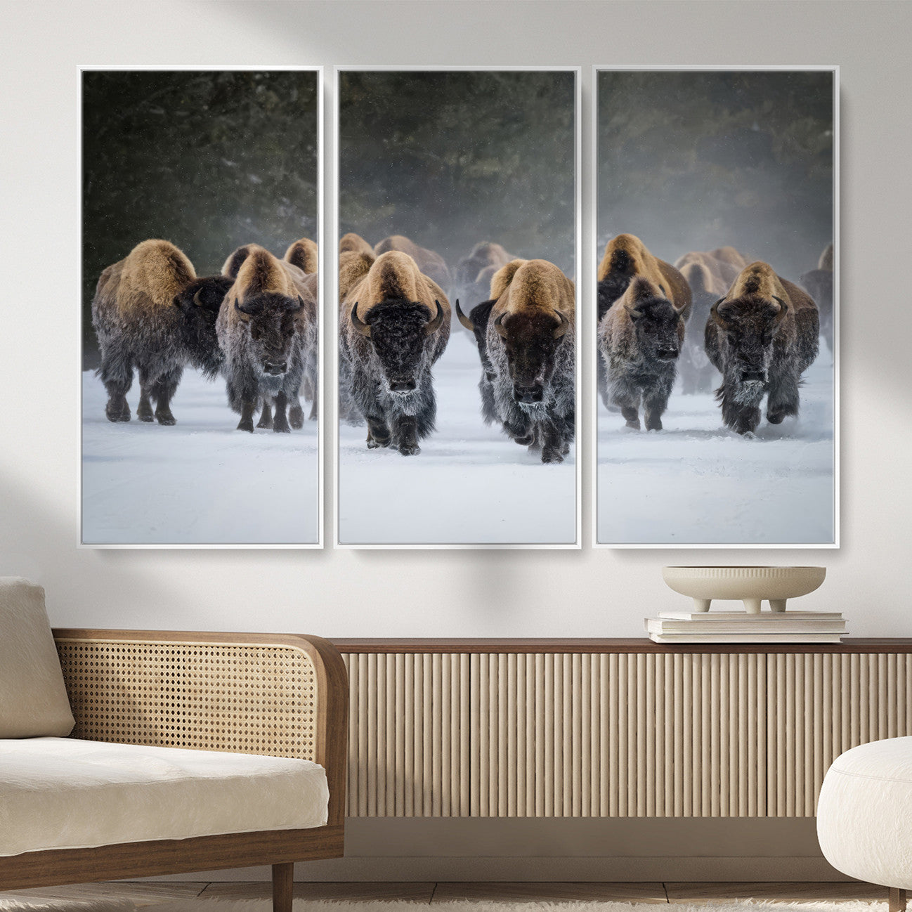 41669135-MGV-CV-36X24 - Winter Bison Herd Wall Art – Majestic Buffalo Charge Canvas Print with Snow Covered Plains, Rustic Wildlife Strength and Untamed Nature Decor for Home and Office