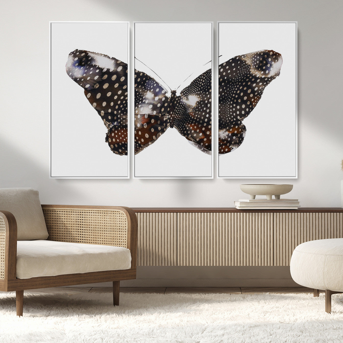 99831147-MGV-FC-48X32-3P_White-Spotted Butterfly Wall Art Canvas Print – Framed Neutral Insect Earthy Wing Pattern Modern Rustic Nature Artwork for Home Office