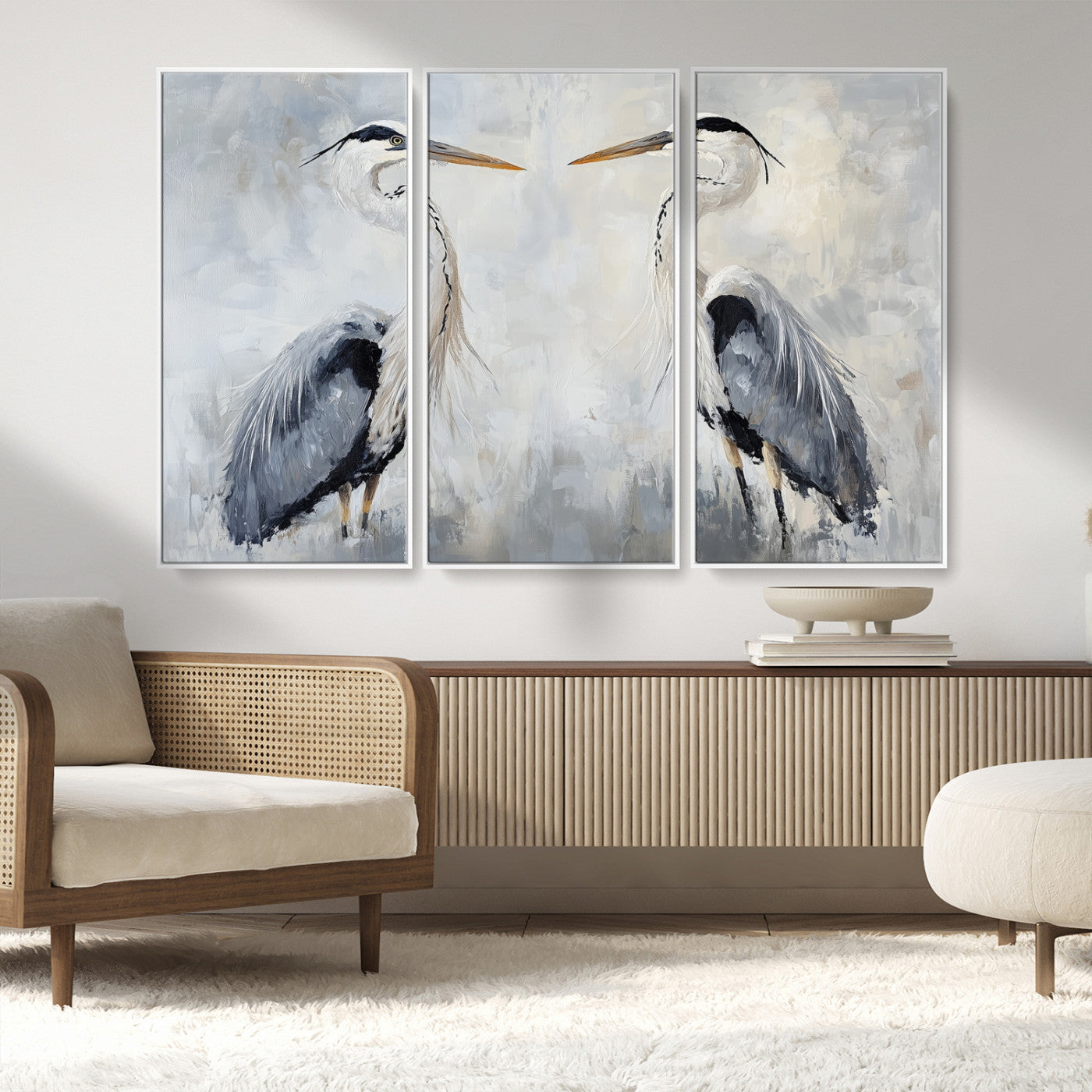 90806932-MGV-FC-48X32-3P_White-Heron Wall Art Canvas Print – Framed Bird Nature Inspired Coastal Minimalist Wildlife Artwork for Home Office