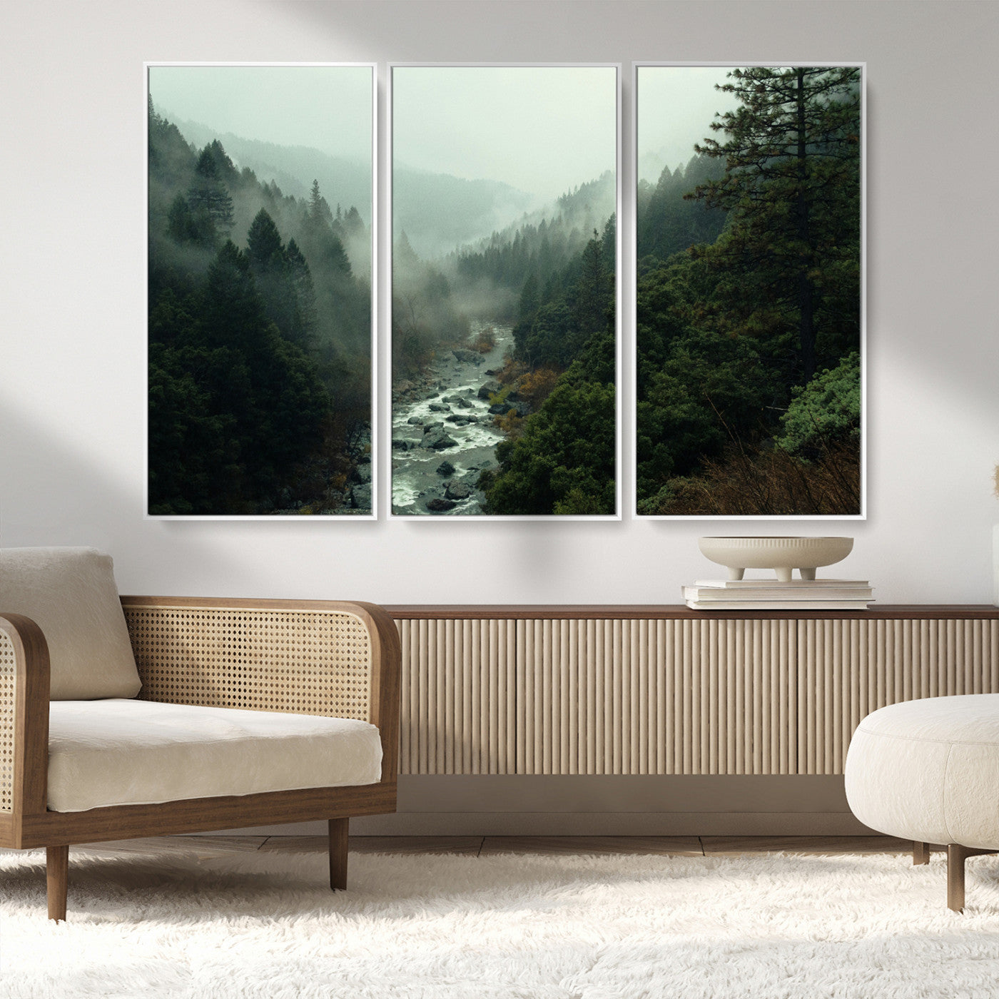 -Misty Forest Wall Art Canvas Print – Framed Foggy River Moody Landscape Wilderness Nature Scene Artwork for Home Office