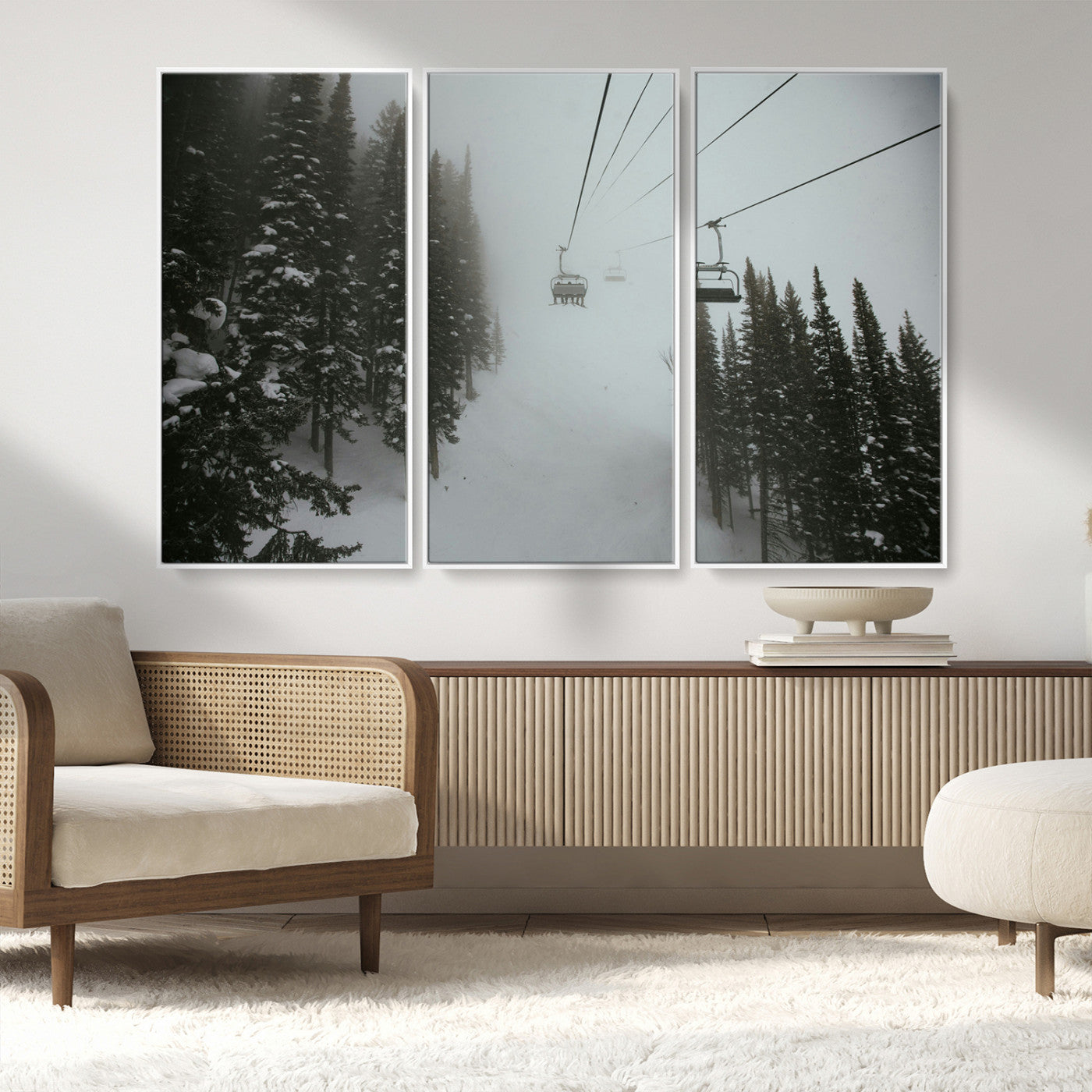 87018452-MGV-CV-36X24-Ski Lift Wall Art Canvas Print – Snowy Pines Misty Landscape Winter Serenity Artwork for Home, Office Decor