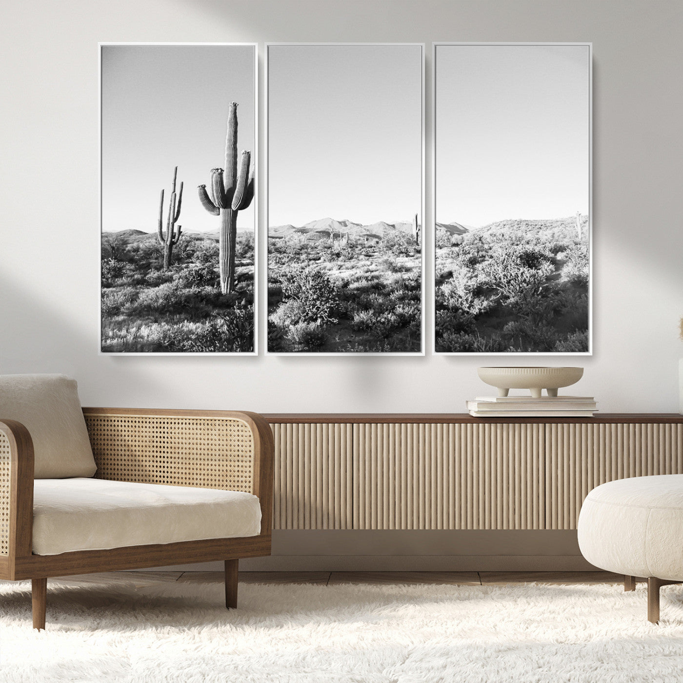 85205054-MGV-FC-48X32-3P_White-Saguaro Cactus Wall Art Canvas Print – Framed Monochrome Landscape Scenic Arizona Minimalist Western Artwork for Home, Office
