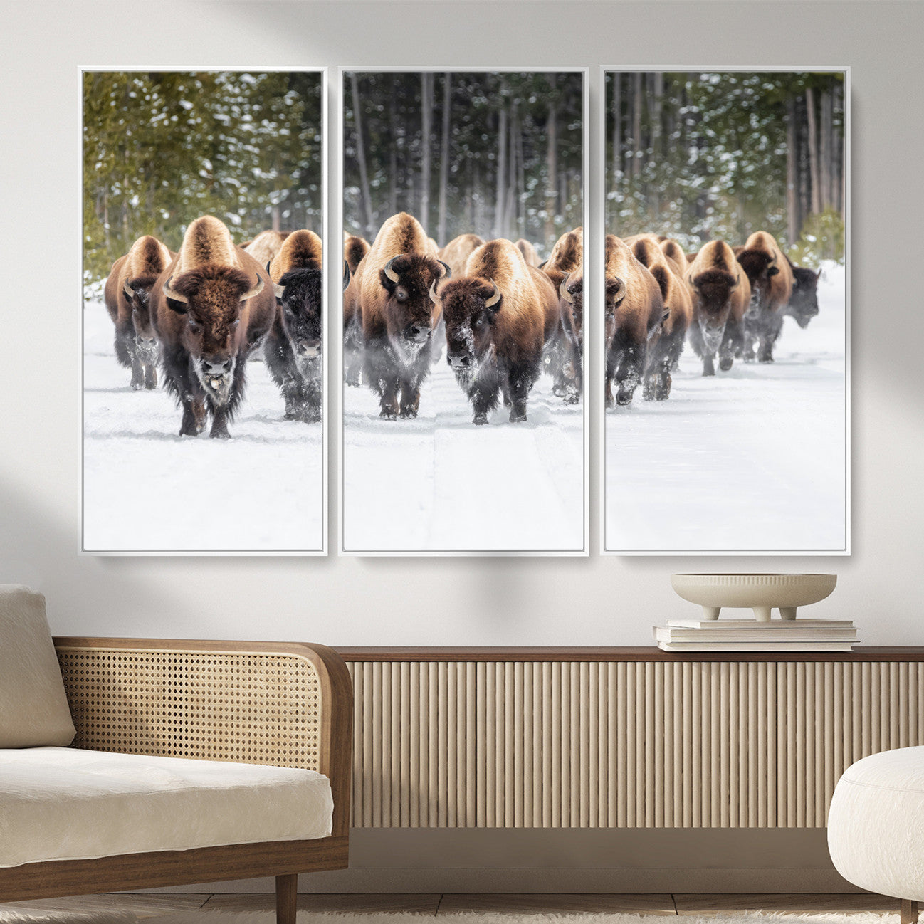 96906195-MGV-FC-48X32-3P - American Bison Herd Snow Canvas Wall Art – Powerful Winter Wildlife Print of Buffalo Motion, Rustic Lodge or Western Cabin Decor for Living Room, Office