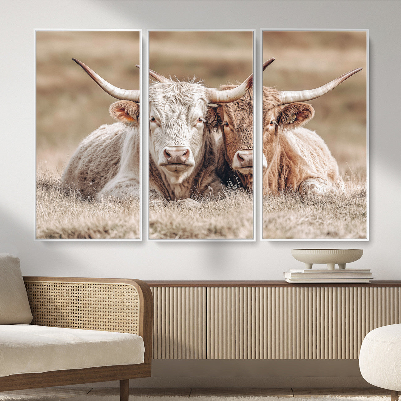 38651722-MGV-CV-36X24 - Highland Cows Meadow Canvas Wall Art – Peaceful Cow Photography Print, Rustic Farmhouse Animal Decor for Country Home, Living Room, Office