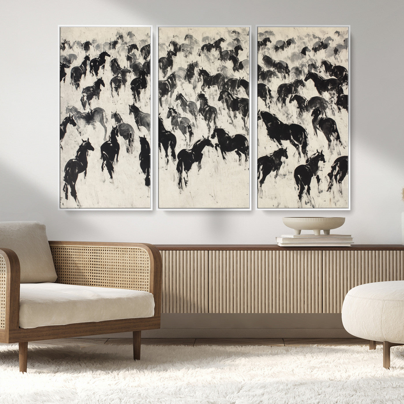 29265745-MGV-FC-48X32-3P_White-Wild Horse Stampede Wall Art Canvas Print – Monochrome Running Horses Dynamic Motion Elegant Scene Artwork for Home, Office