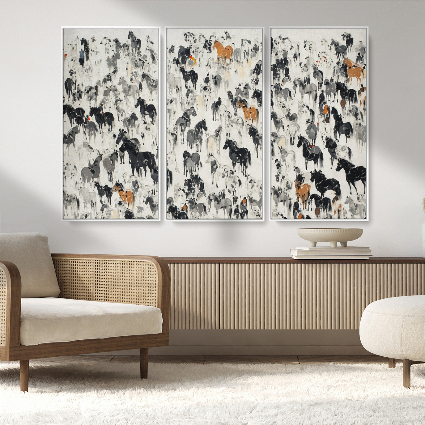 56463722-MGV-FC-48X32-3P_White-Wild Horse Stampede Wall Art Canvas Print – Monochrome Running Horses Dynamic Motion Elegant Scene Artwork for Home, Office