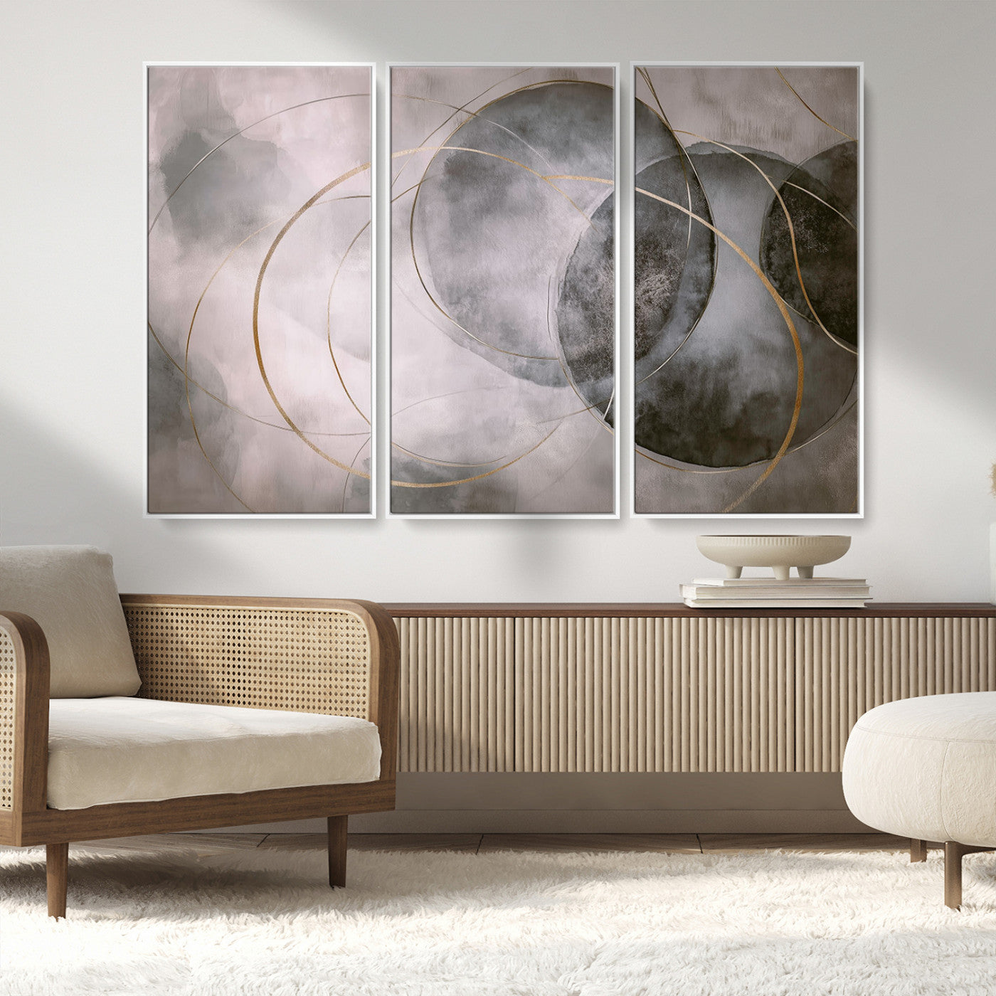20066876-MGV-FC-48X32-3P_White-Abstract Grey Gold Circle Wall Art – Modern Geometric Canvas Artwork, Minimal Elegant Design, Luxury Wall Decor for Home, Office