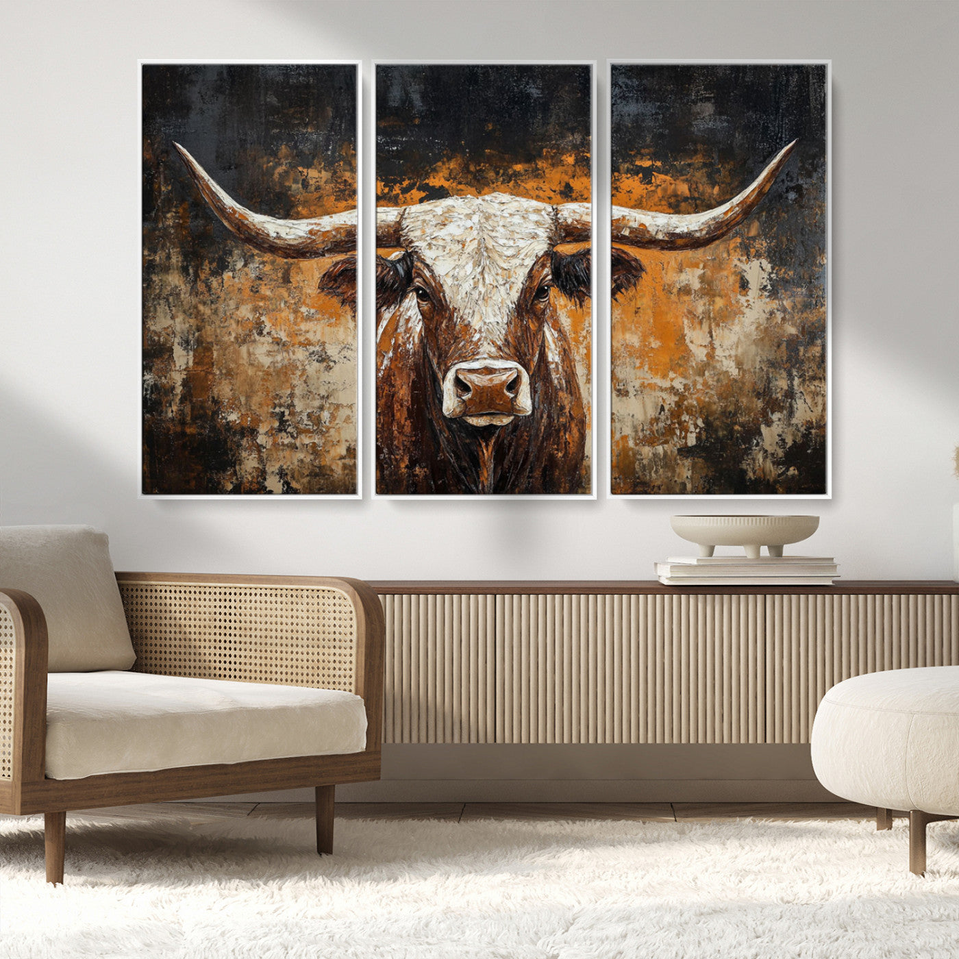 25265572-MGV-FC-48X32-3P_White-Rustic Longhorn Bull Wall Art Canvas Print – Vintage Western Cattle Scene, Texas Steer Artwork for Home, Office