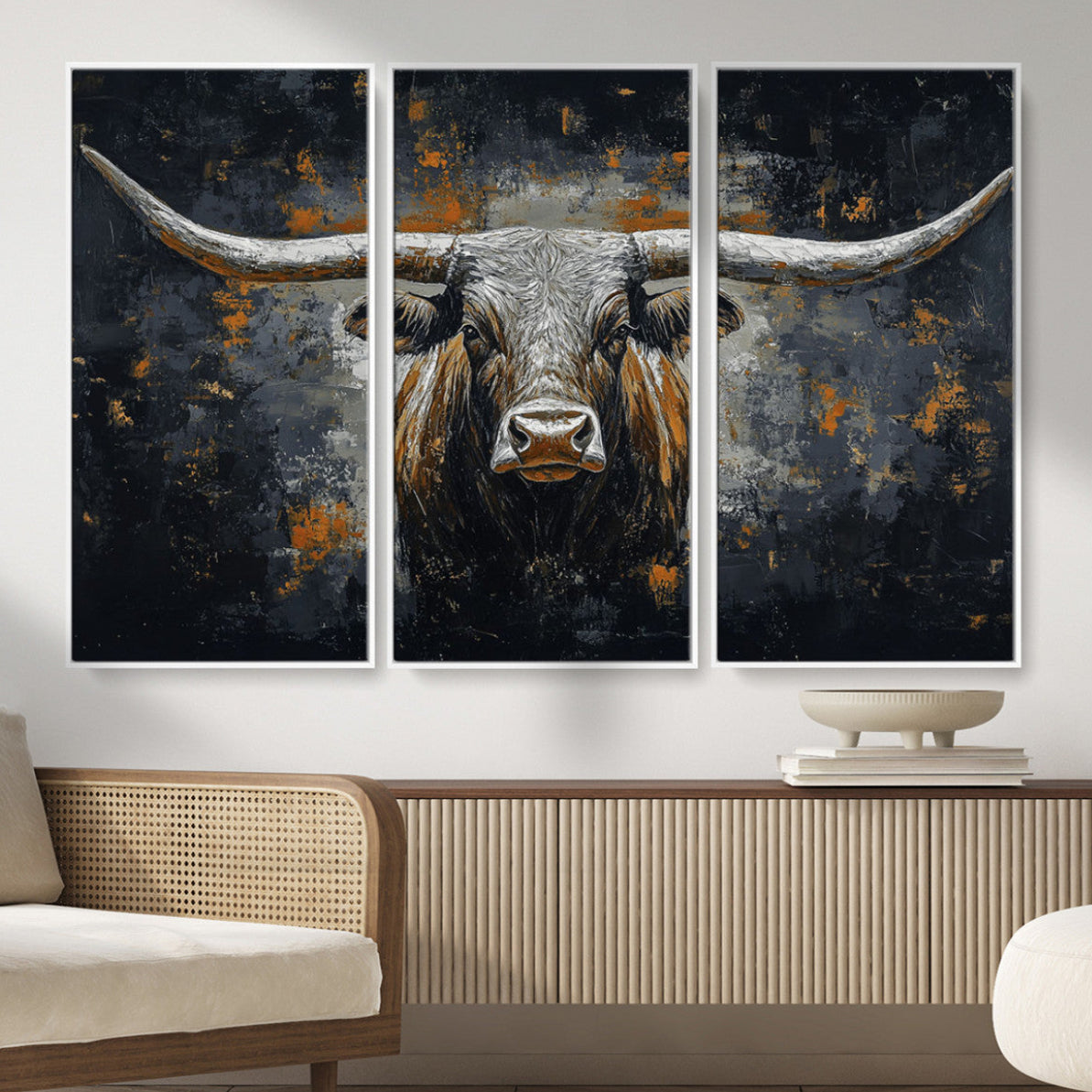 93195031-MGV-FC-48X32-3P_White-Rustic Longhorn Bull Wall Art Canvas Print – Vintage Western Cattle Scene, Texas Steer Artwork for Home, Office