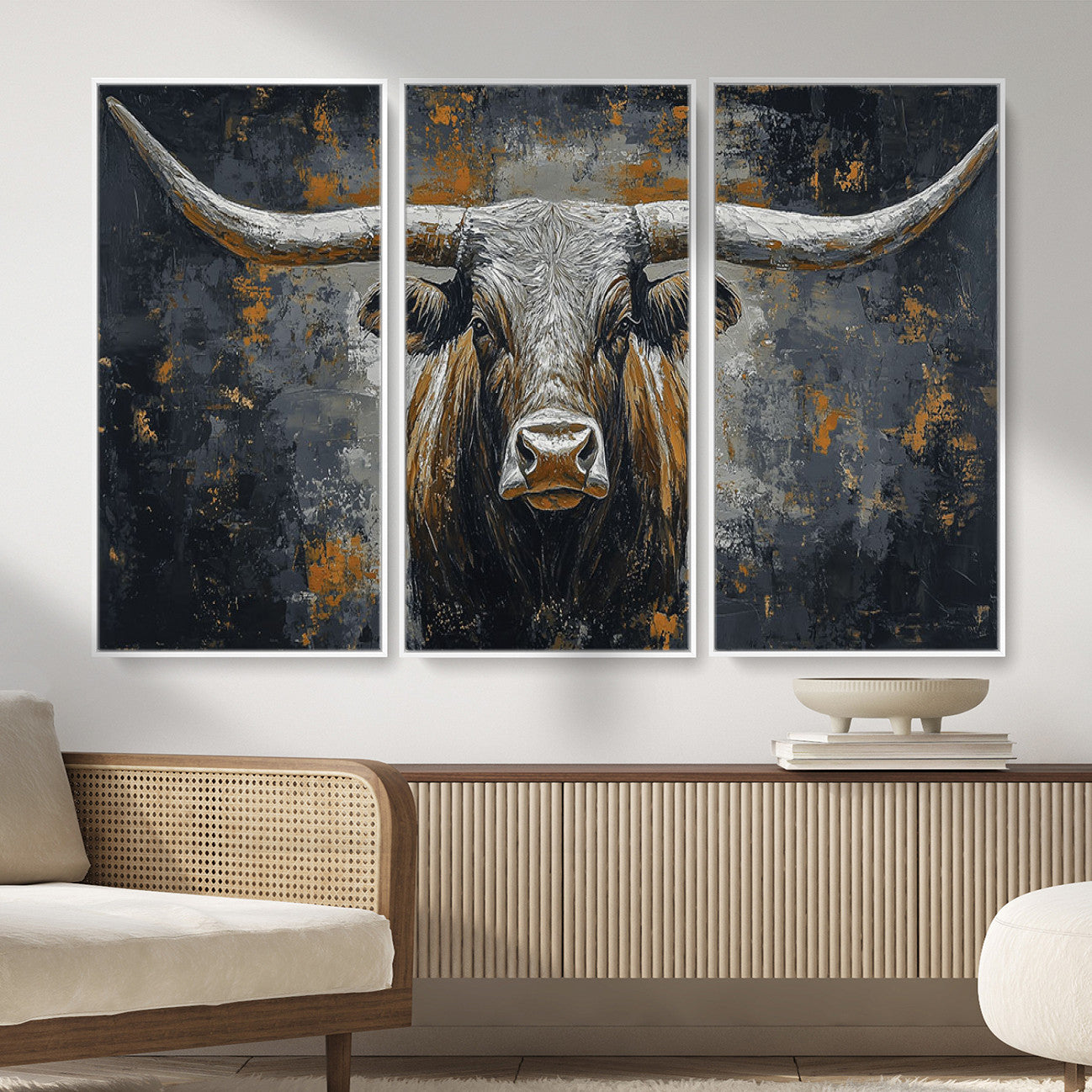 73972561-MGV-CV-36X24 - Bold Bull Wall Art Canvas – Striking Portrait with Wide Horns and Rich Brown Hues, Rustic Farmhouse and Western Decor for Home Room