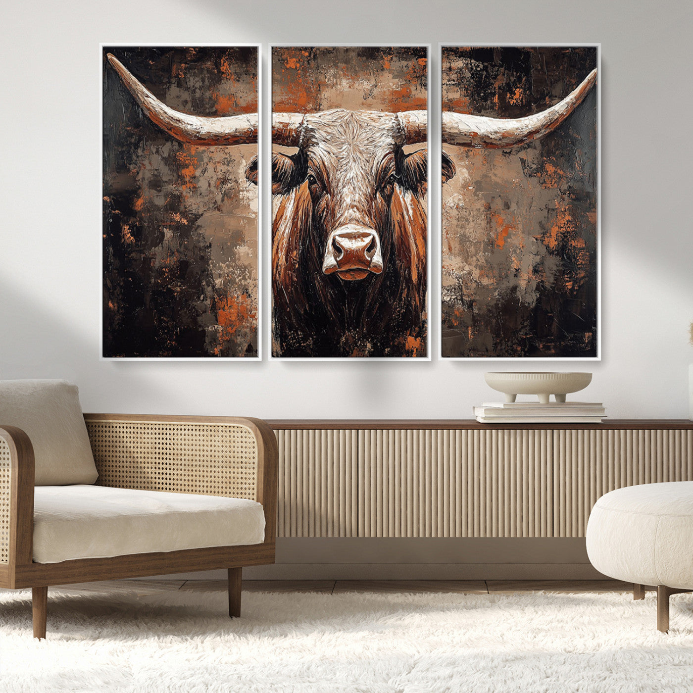 42732393-MGV-FC-48X32-3P_White-Rustic Longhorn Bull Wall Art Canvas Print – Vintage Western Cattle Scene, Texas Steer Artwork for Home, Office