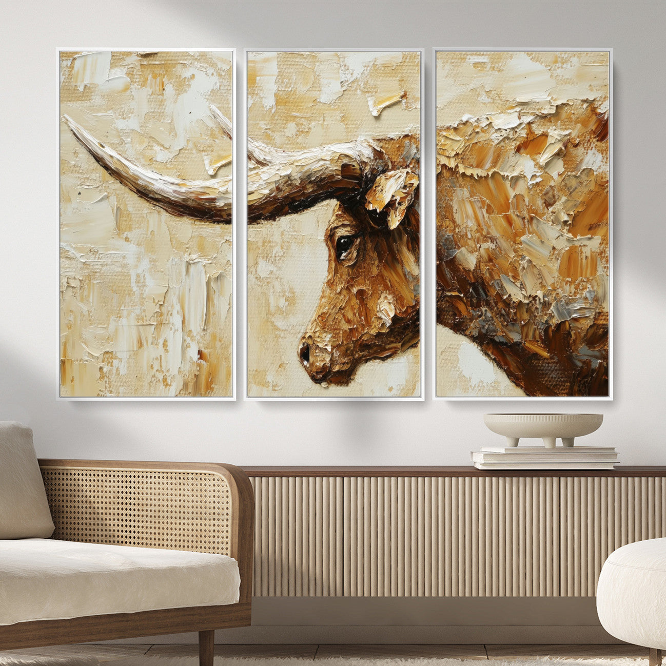 69611428-MGV-CV-36X24 - Rustic Longhorn Bull Wall Art Canvas Print – Vintage Western Cattle Painting, Texas Abstract Wall Cow Prints