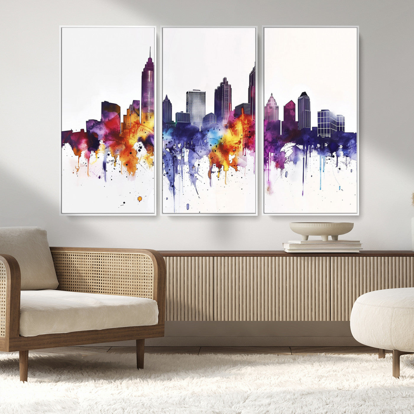 34479880-MGV-FC-48X32-3P_White-Atlanta Skyline Wall Art Canvas Print – Framed Colorful Watercolor Cityscape Artwork for Home, Office, Living Room