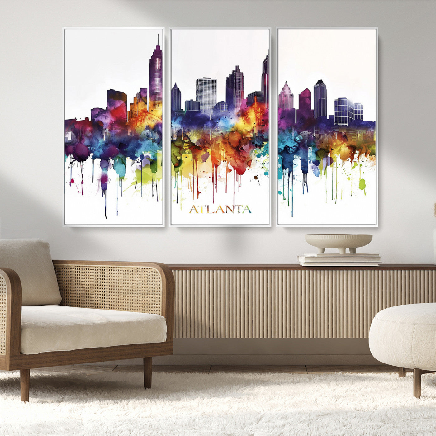 36048320-MGV-CV-36X24-Atlanta Skyline Wall Art Canvas Print – Framed Colorful Watercolor Cityscape Abstract Urban Artwork for Home, Office