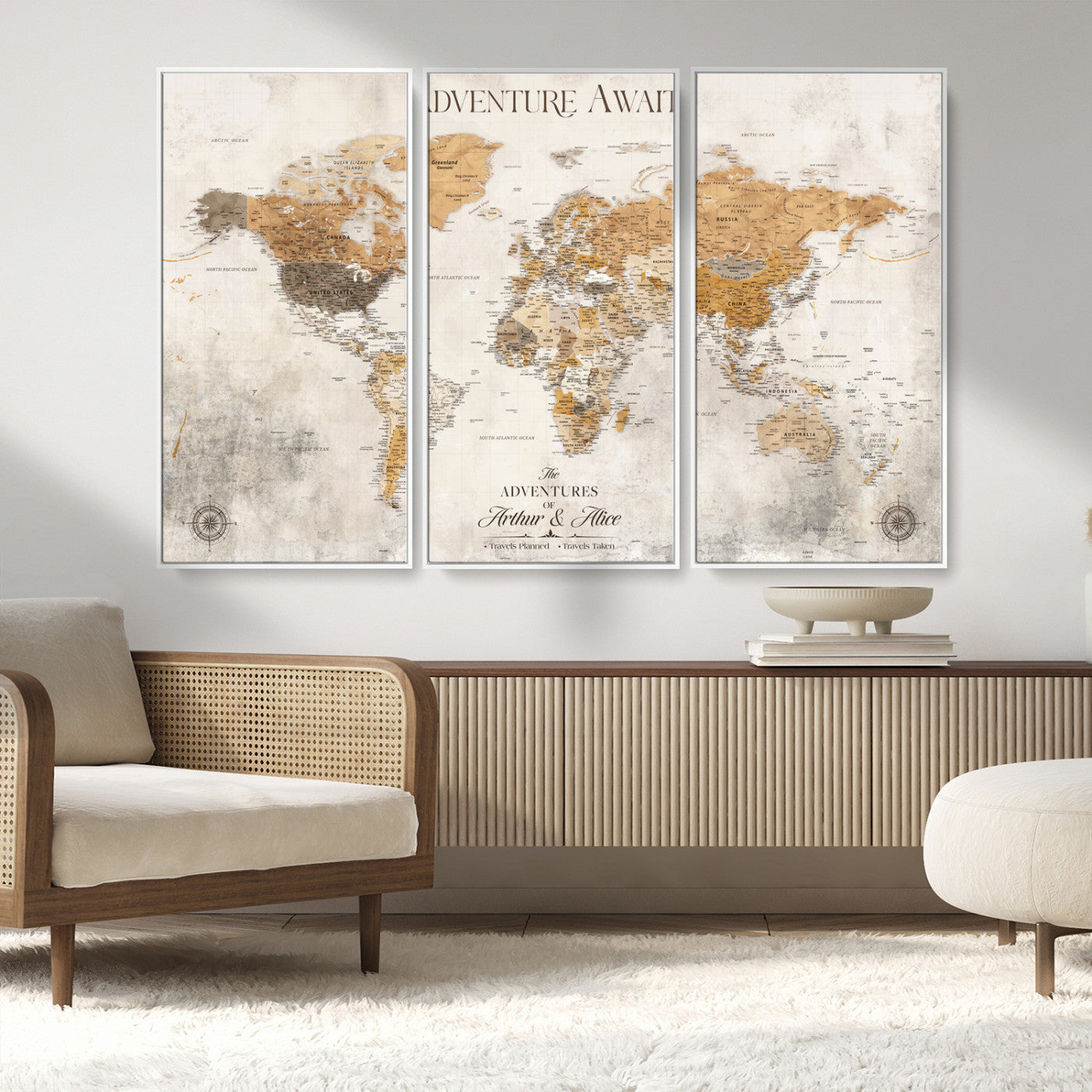 Rehber01-MGV-CV-36X24-Personalized World Map Canvas Print – Custom Push Pin Travel Map Vintage Neutral Style Gift for Couples Travelers for Home Office