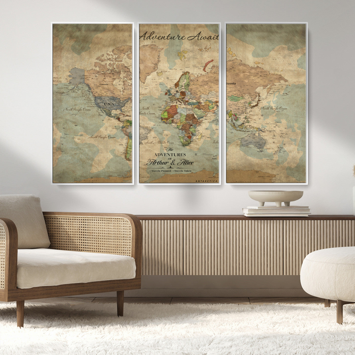 Rehber01-MGV-CV-36X24-Personalized Vintage World Map Canvas Print – Custom Push Pin Travel Map Antique Style Gift for Couples Travelers for Home Office