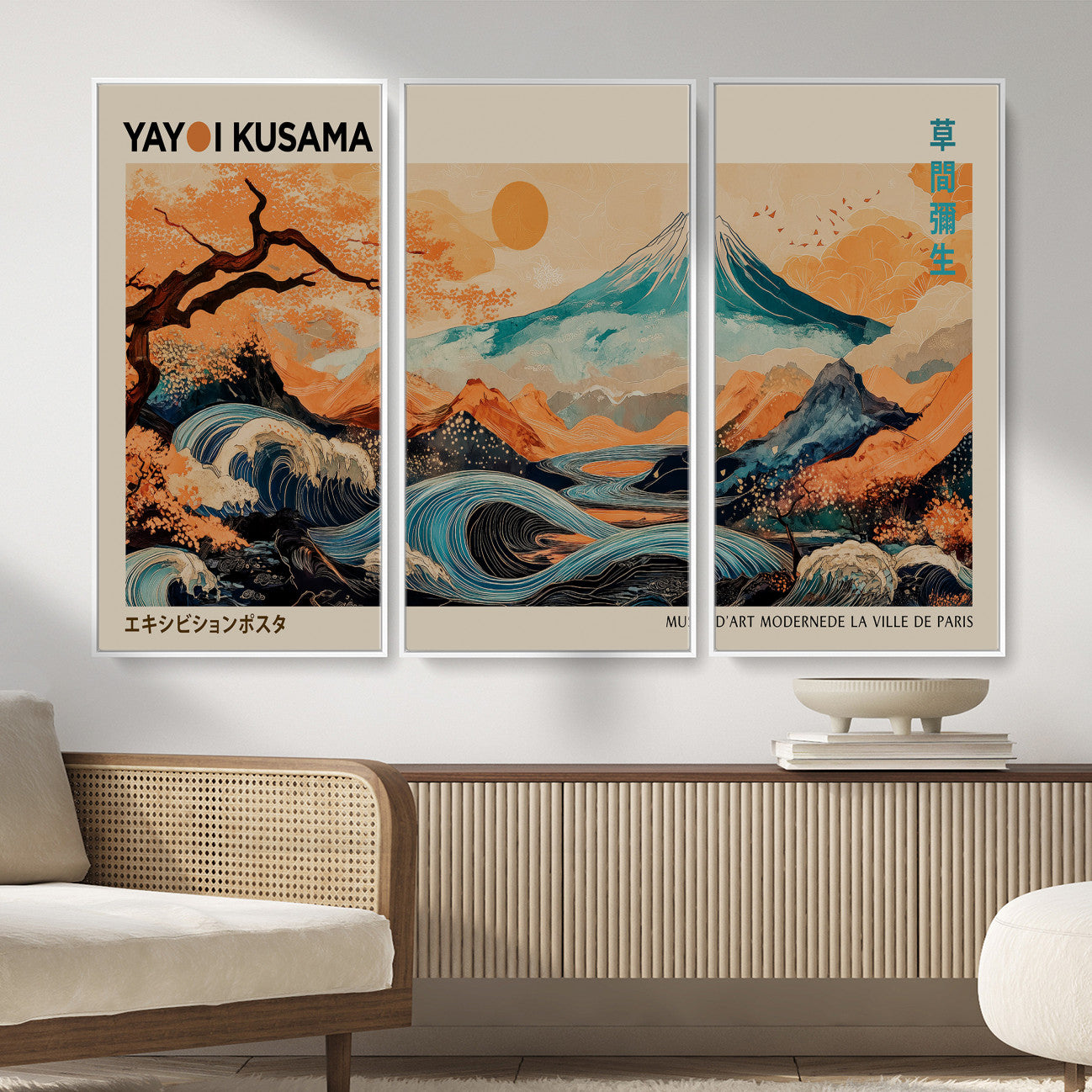 94085549-MGV-CV-36X24 - Yayoi Kusama Japanese Landscape Wall Art Canvas Print – Modern Abstract Mount Fuji Wall Art - Japanese Waves & Autumn Trees Print
