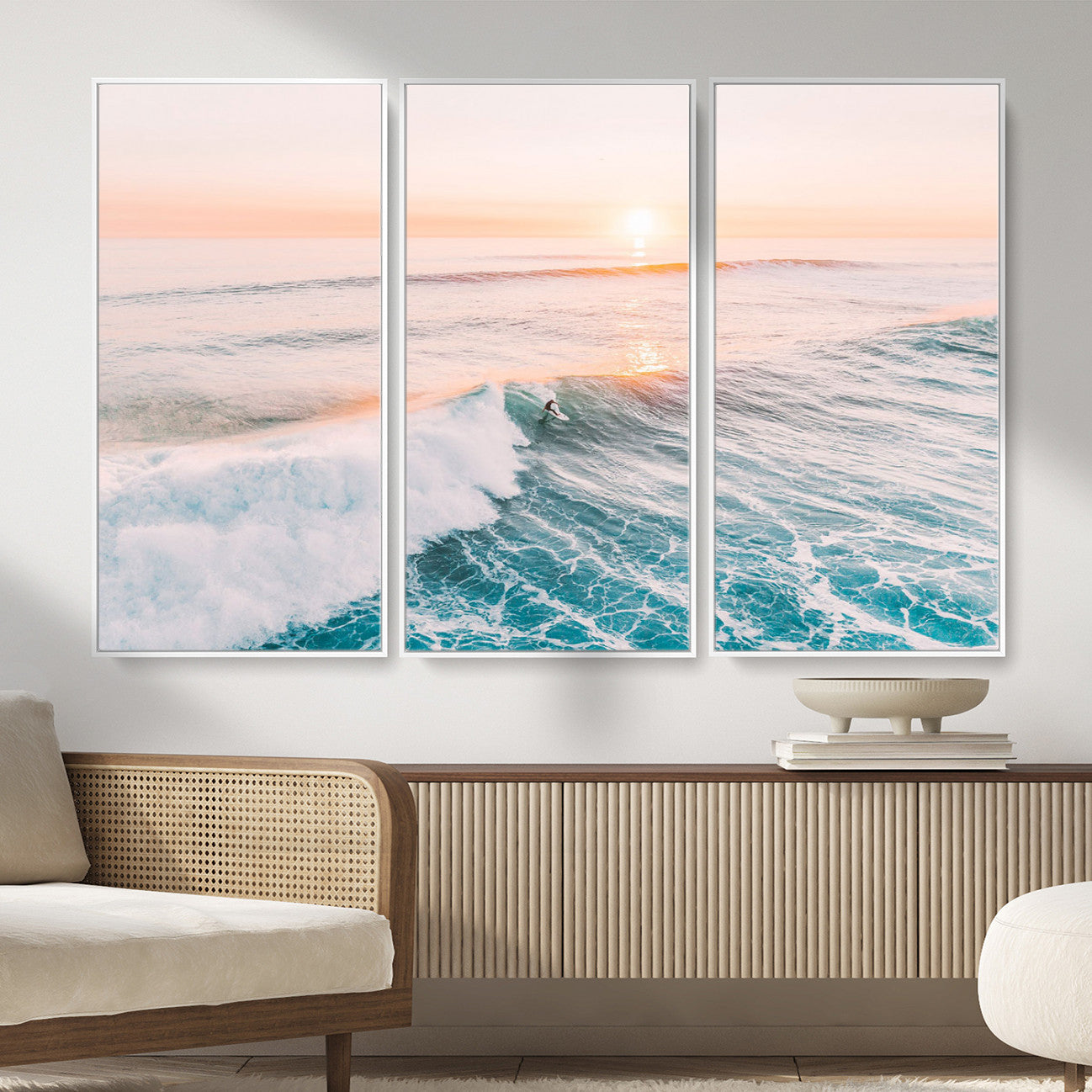 34064591-MGV-CV-36X24 - Sunset Surfing Wall Art Canvas Print, Ocean Wave Surfer with Golden Sky Artwork for Home, Office, Living Room