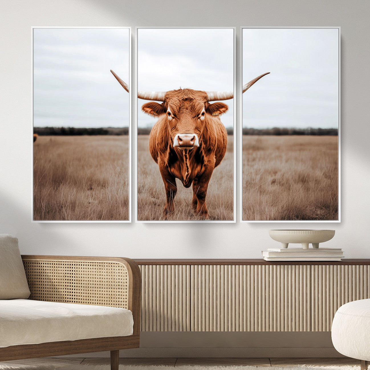 16316734-MGV-FC-48X32-3P - Longhorn bull, open field, rustic charm, natural beauty, Wall Art Canvas Print, countryside,