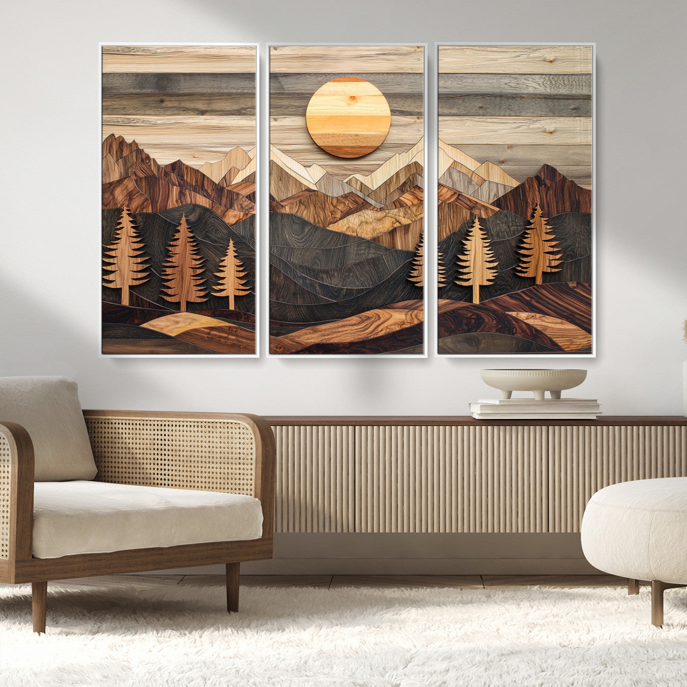 MGV-FC-48X32-3P - Wooden Mountain Layers Canvas Wall Art – Rustic Pine Tree Landscape with Sunlight Artistic Nature