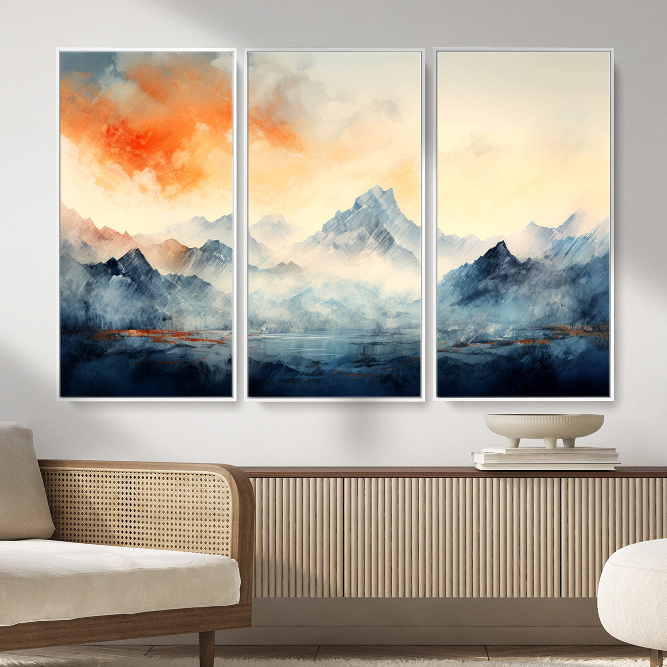 WRM1005-MGV-FC-48X32-3P - Warm Clouds Abstract Mountain Wall Art, Modern Landscape Canvas Print, Minimal Framed Artwork for Home, Office