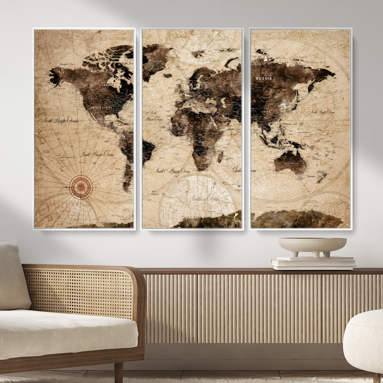 97114757-MGV-FC-48X32-3P - Vintage World Map Wall Art Canvas Print, Modern Decorative Framed Map Artwork Prints for Living Room, Office, Bedroom Wall Decor