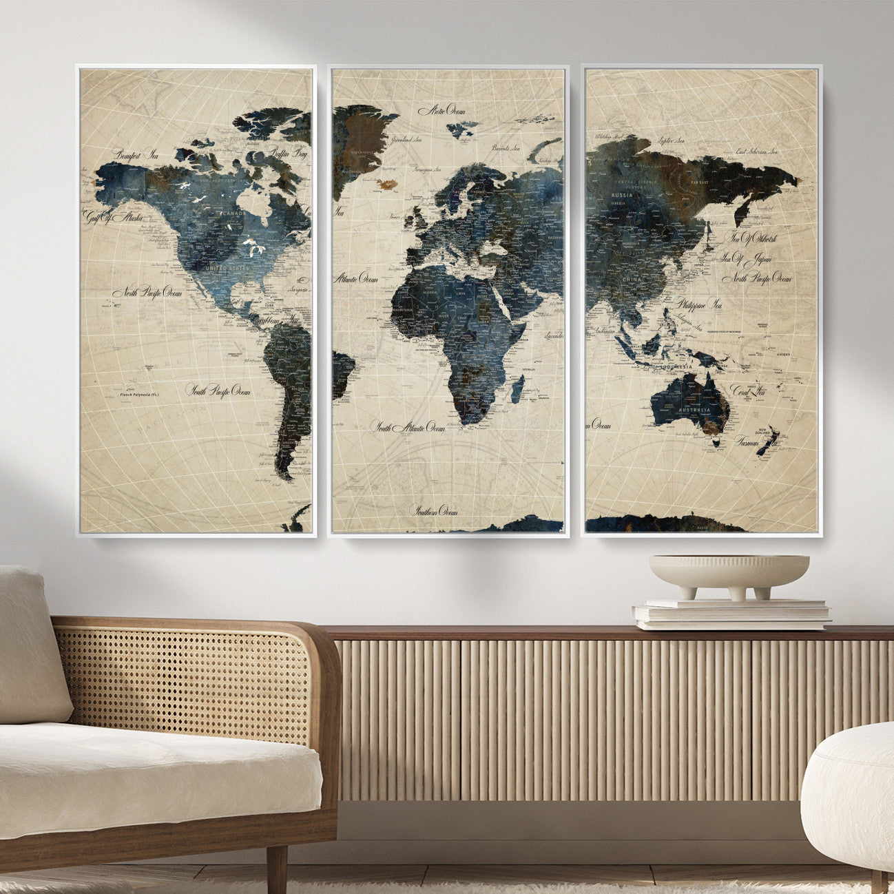 33438443-MGV-FC-48X32-3P - World Map Wall Art Canvas Print, Modern Decorative Framed Map Artwork Prints for Living Room, Office, Bedroom Wall Decor