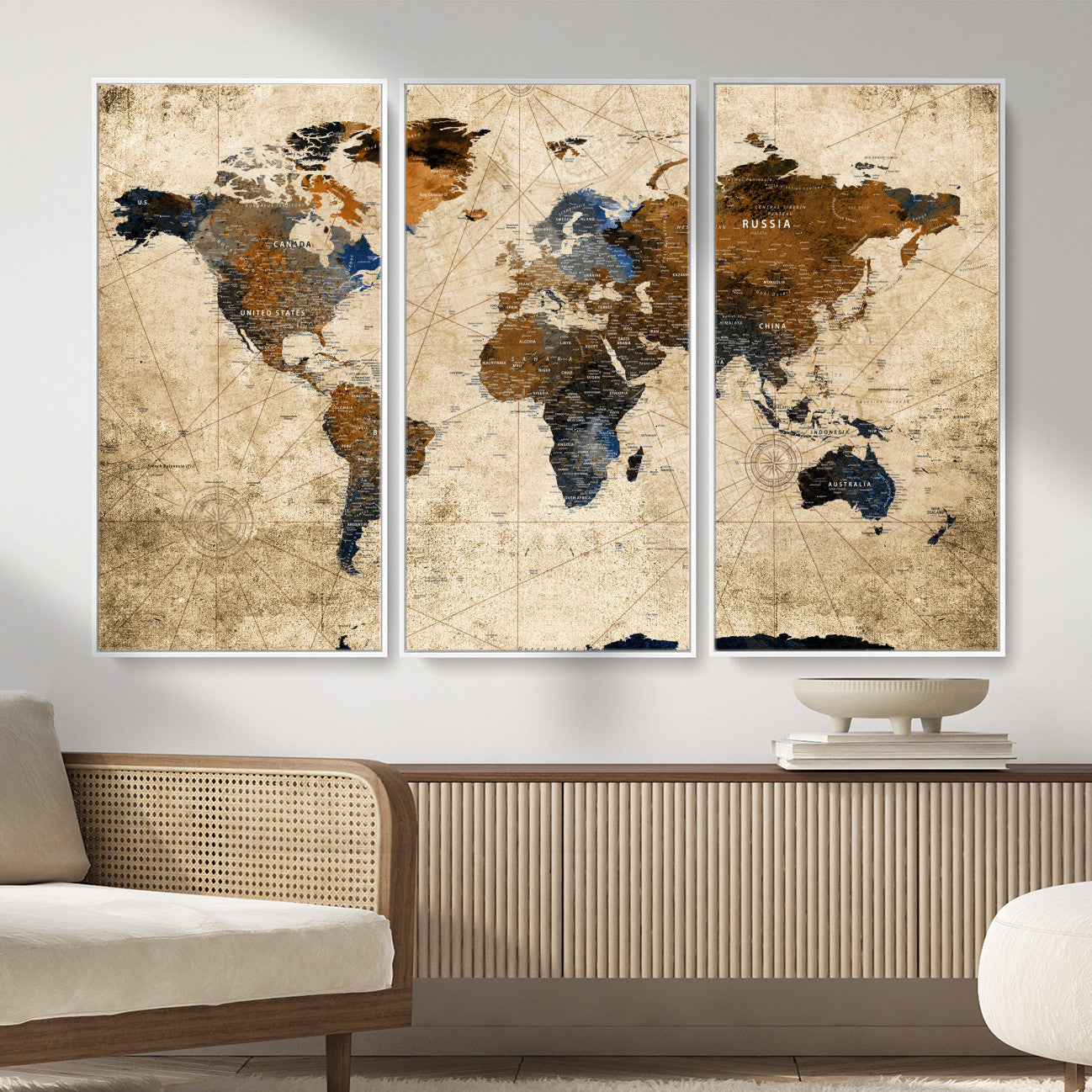 56297284-MGV-FC-48X32-3P - World Map Wall Art Canvas Print, Modern Decorative Framed Map Artwork Prints for Living Room, Office, Bedroom Wall Decor