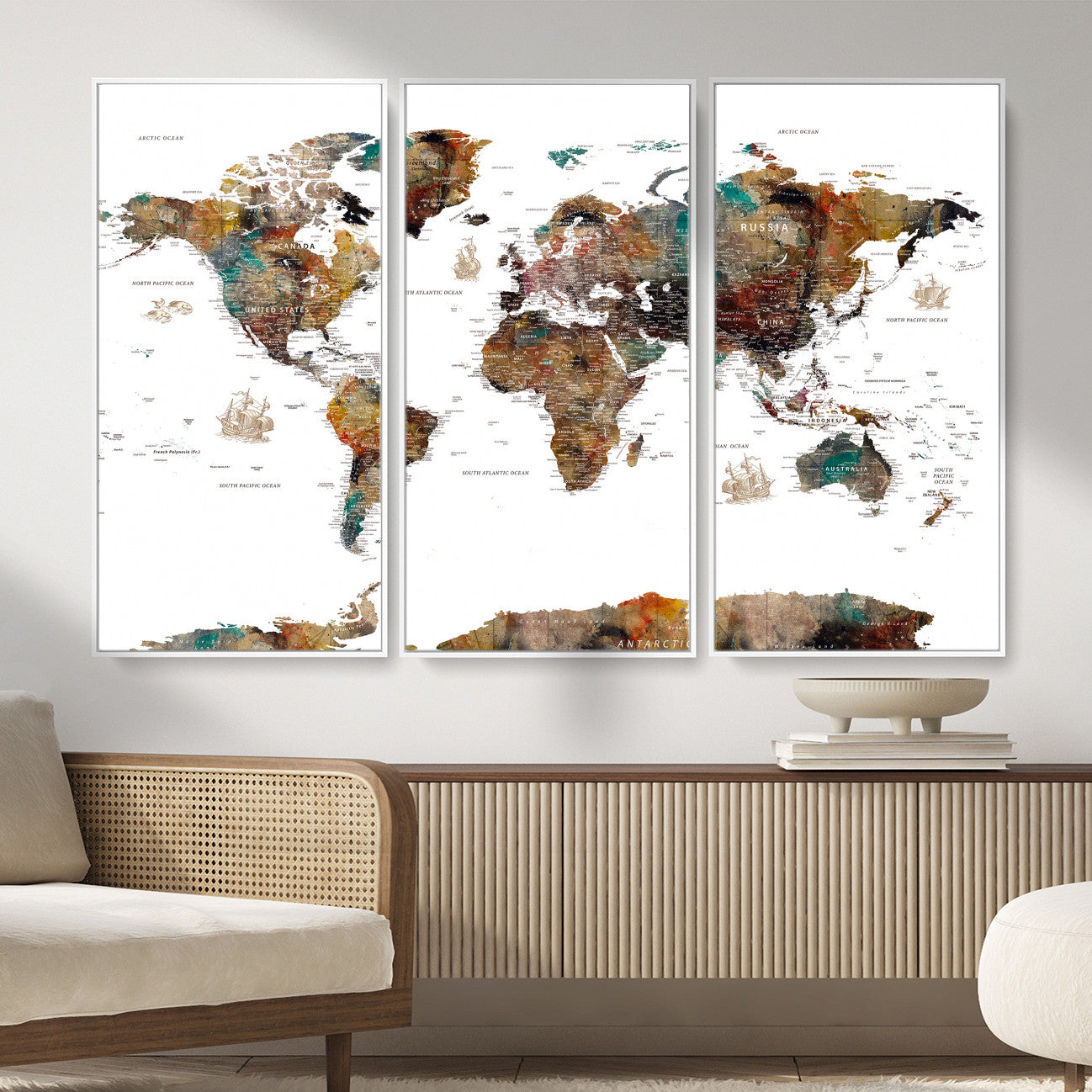 82293175-MGV-CV-36X24 - World Map Wall Art Canvas Print, Modern Decorative Framed Map Artwork Prints for Living Room, Office, Bedroom Wall Decor