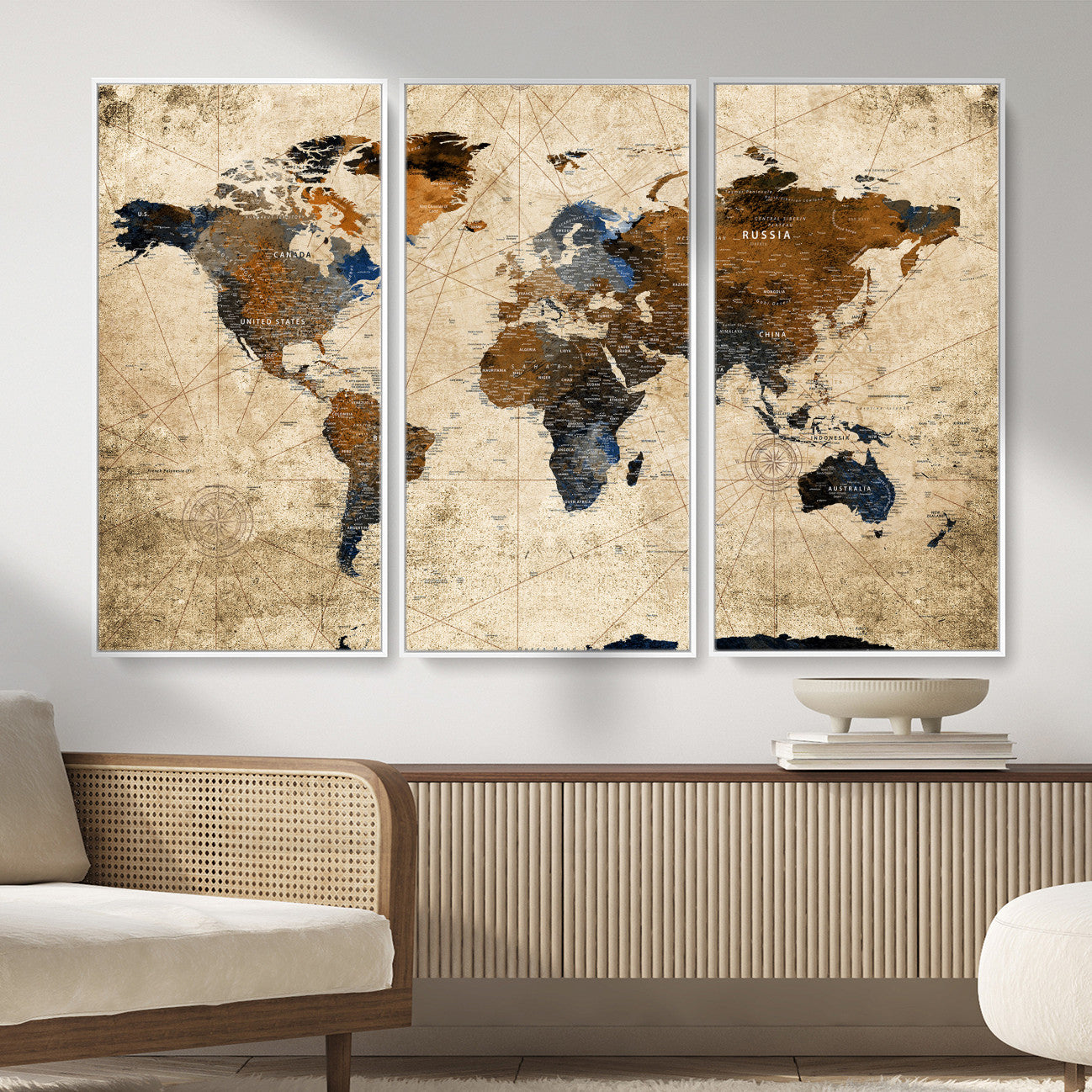 27163414-MGV-CV-36X24 - World Map Wall Art – Rustic Earth Tone Canvas Print, Antique Travel Map Design for Living Room, Office or Study, Classic Adventure Decor
