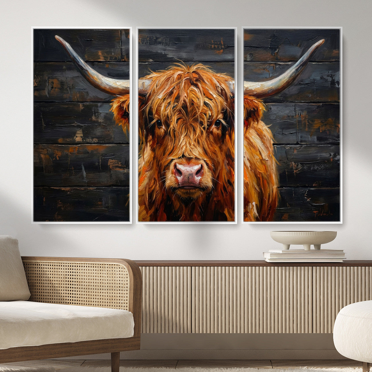32536611-MGV-CV-36X24 - Highland Cow Wall Art Canvas Print, Rustic Farm Animal Painting, Framed Wall Art Ready to Hang