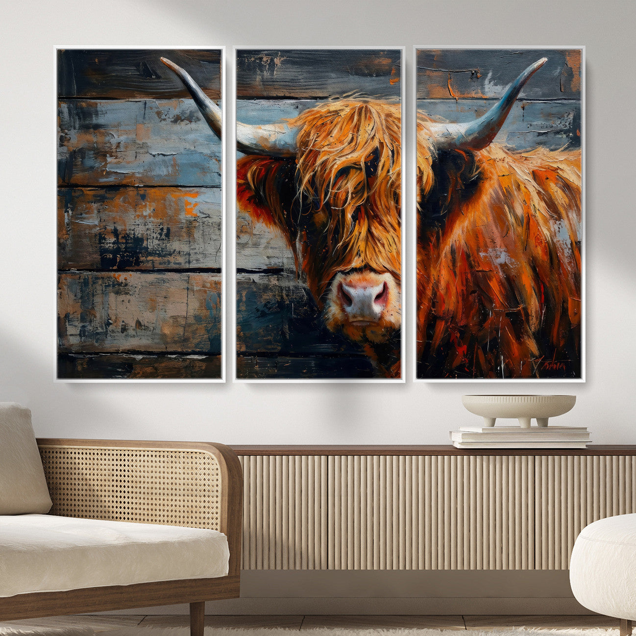 90271423-MGV-CV-36X24 - Highland Cow Wall Art Canvas Print, Abstract Rustic Farm Animal Wall Art Print, Framed Wall Art Ready to Hang