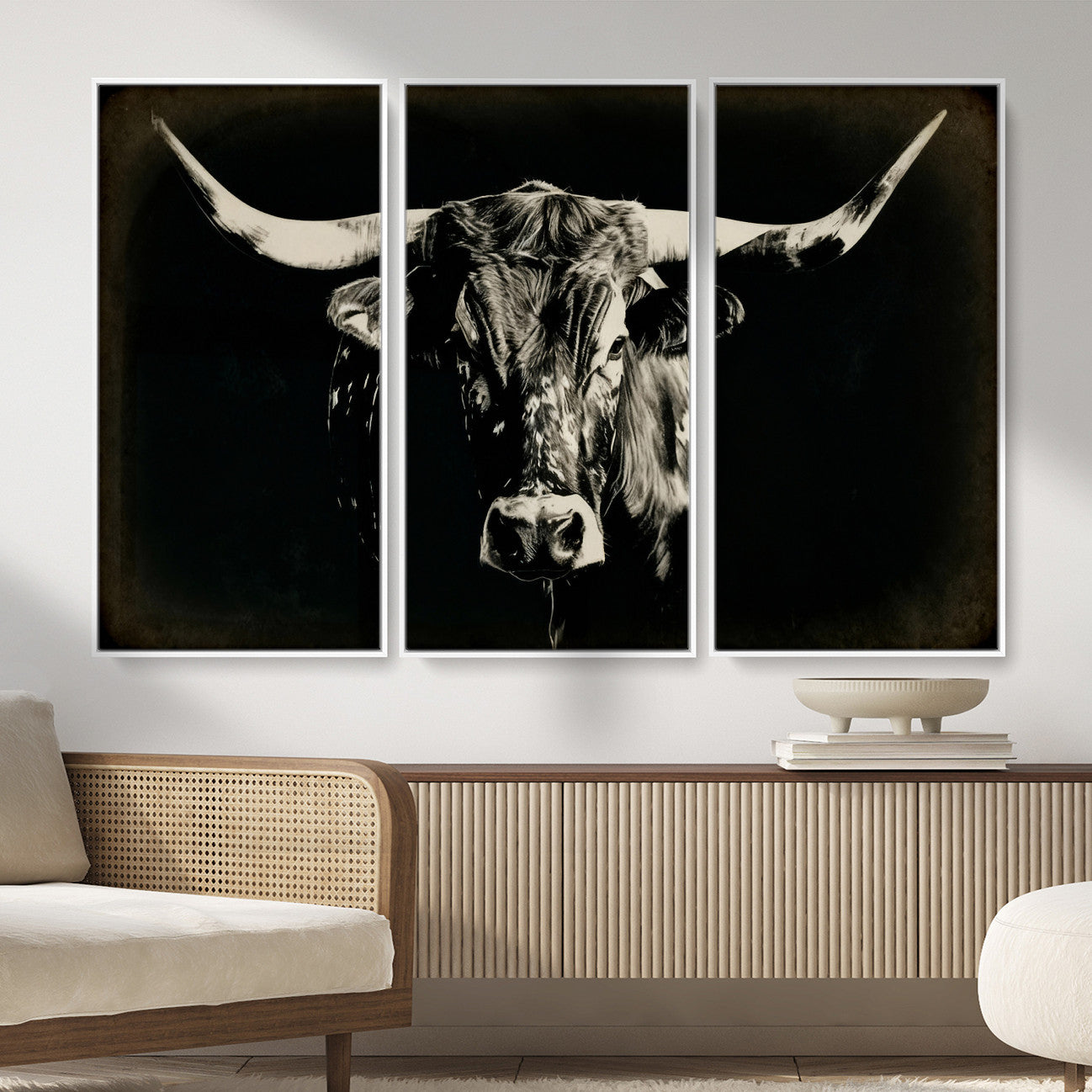 91364114-MGV-CV-36X24 - Black Bull Wall Art Canvas Print, Texas Longhorn Portrait Print, Framed Wall Art Ready to Hang