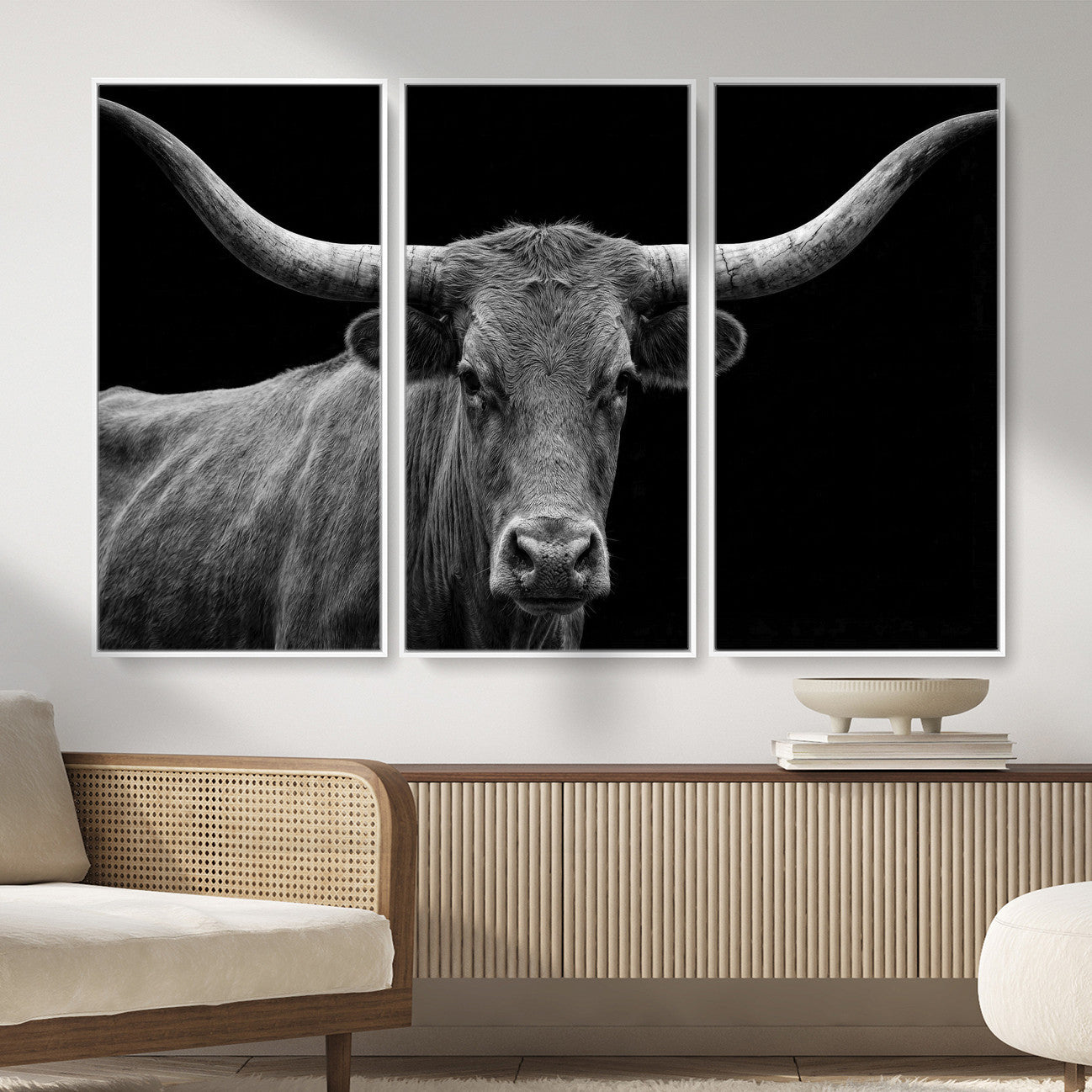 32601430-MGV-CV-36X24 - Texas Longhorn Bull Wall Art Canvas Print, Cow Portrait Photography, Framed Wall Art Ready to Hang