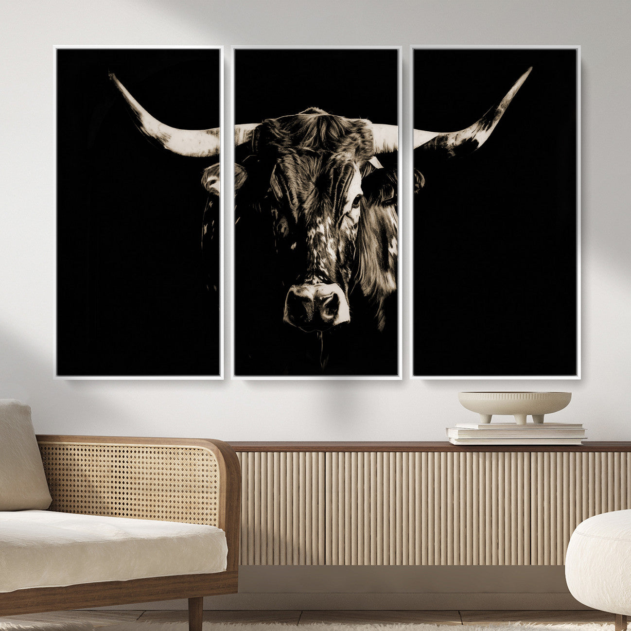 75774468-MGV-CV-36X24 - Black Bull Wall Art Canvas Print, Dark Longhorn Portrait Photography, Framed Wall Art Ready to Hang