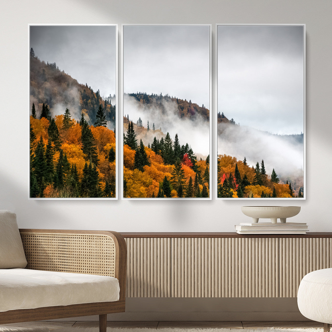 93581632-MGV-CV-36X24 - Autumn Forest Wall Art Canvas Print, Foggy Mountain Landscape Nature Photography, Framed Wall Art Ready to Hang
