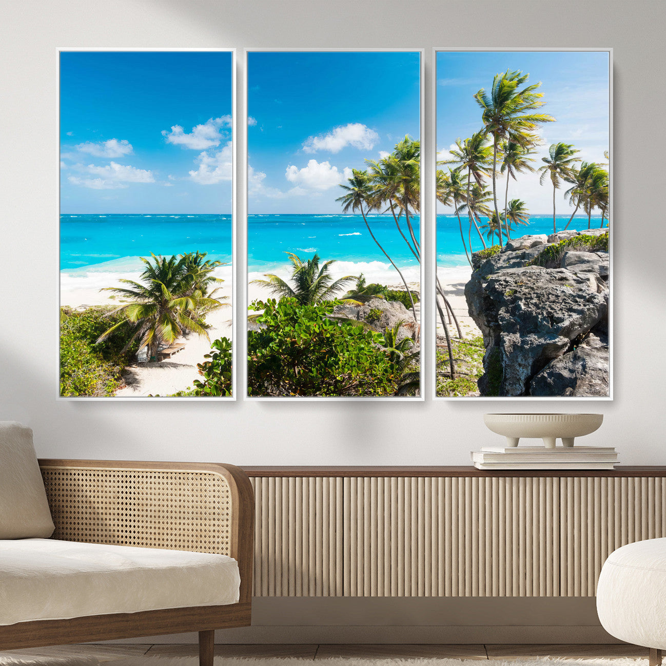 79995168-MGV-CV-36X24 - Barbados Beach Wall Art Canvas Print, Palm Tree Ocean Landscape, Turquoise Sea Coastal Photography, Tropical Island Wall Decor, Framed Ready to Hang