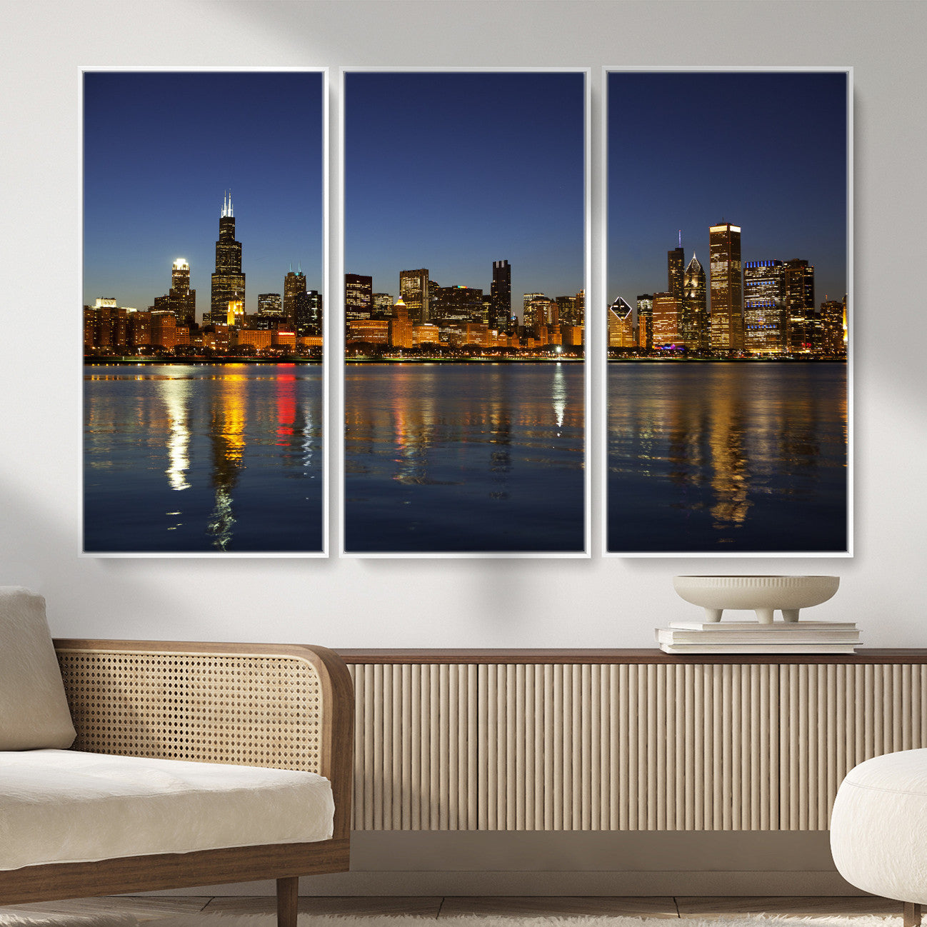 67308035-MGV-CV-36X24 - Chicago Wall Art Canvas Print, Chicago City Downtown Night Cityscape Print for Modern Urban Wall Decor