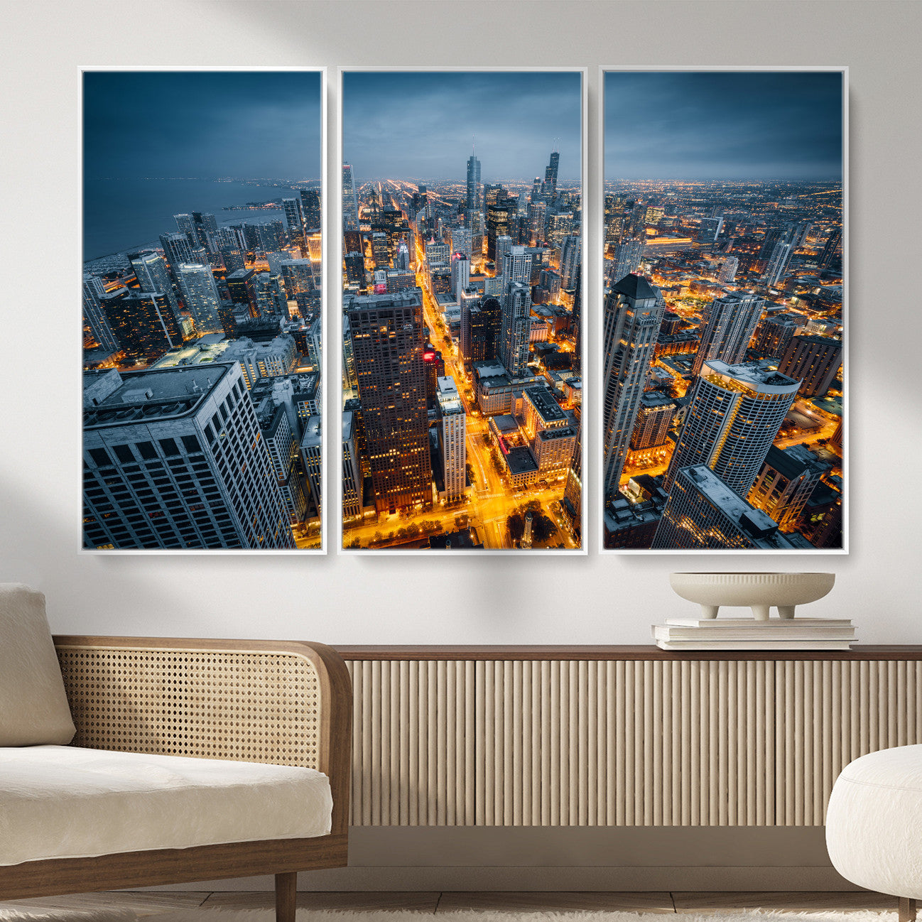 81742538-MGV-CV-36X24 - Chicago Wall Art Canvas Print, Chicago City Downtown Night Cityscape Print for Modern Urban Wall Decor