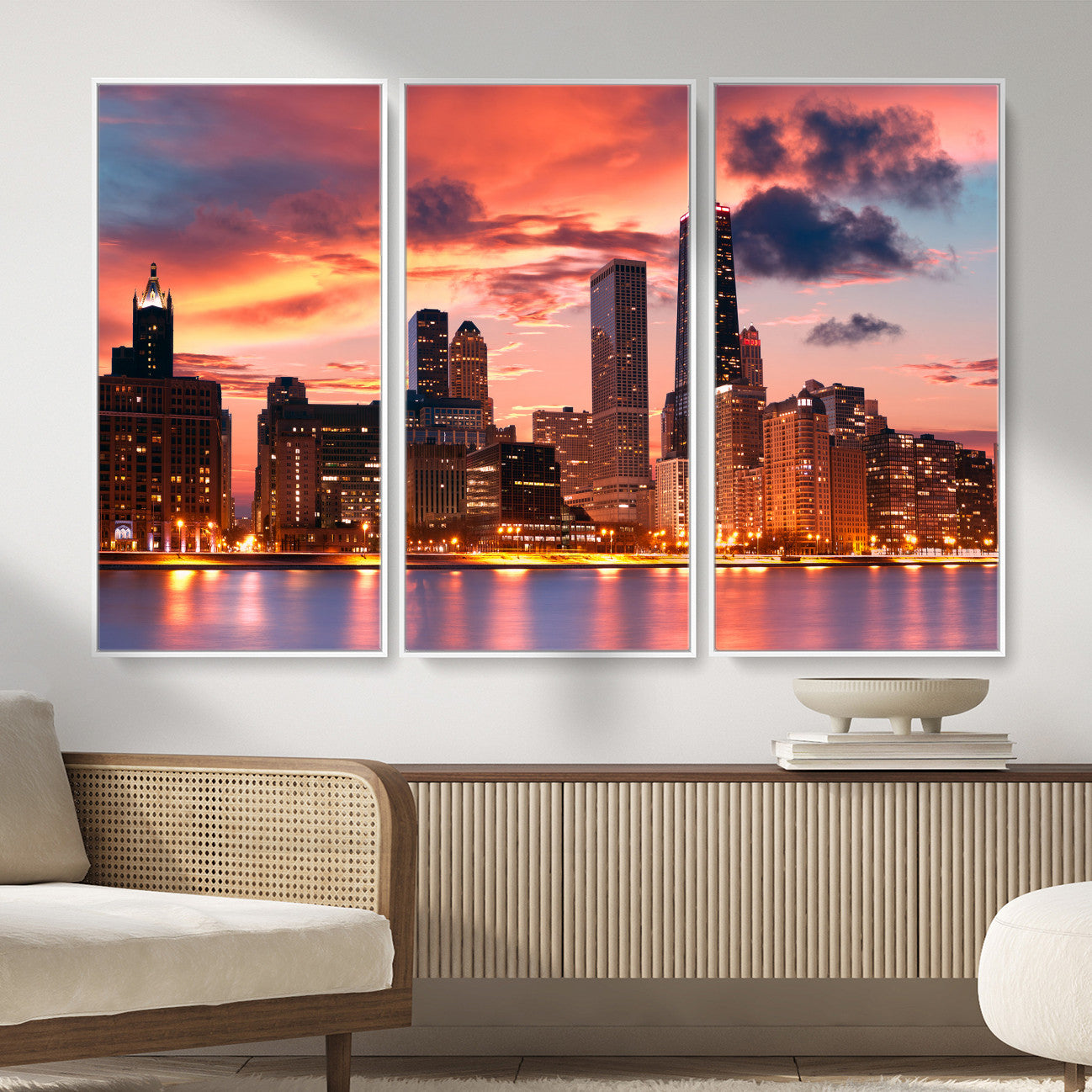 80390109-MGV-CV-36X24 - Chicago Wall Art Canvas Print, Chicago City Downtown Night Cityscape Print for Modern Urban Wall Decor