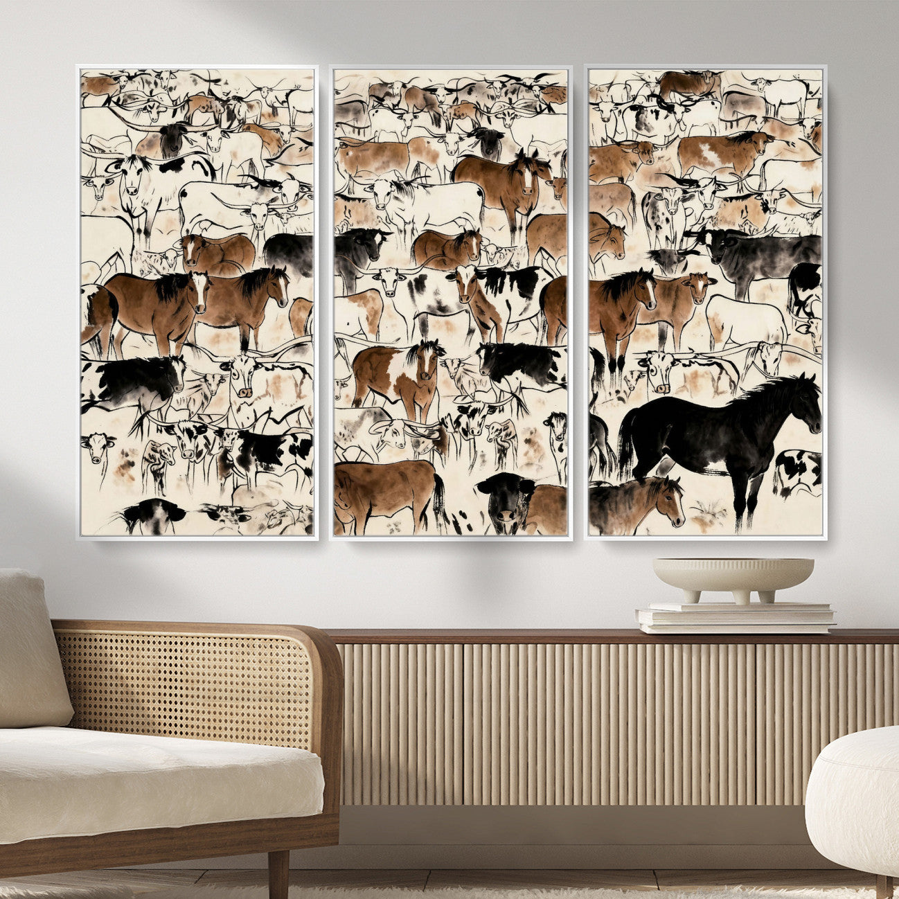86150485-MGV-CV-36X24 - Farmhouse Animals Wall Art Canvas Print - Abstract Farm Animal Drawing Mid-Century Wall Art for Cabin Decor