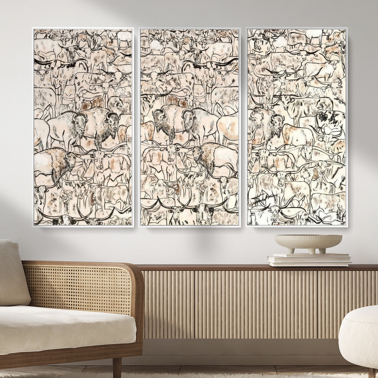 36925875-MGV-CV-36X24 - Farmhouse Animals Wall Art Canvas Print - Abstract Farm Animal Drawing Mid-Century Wall Art for Cabin Decor