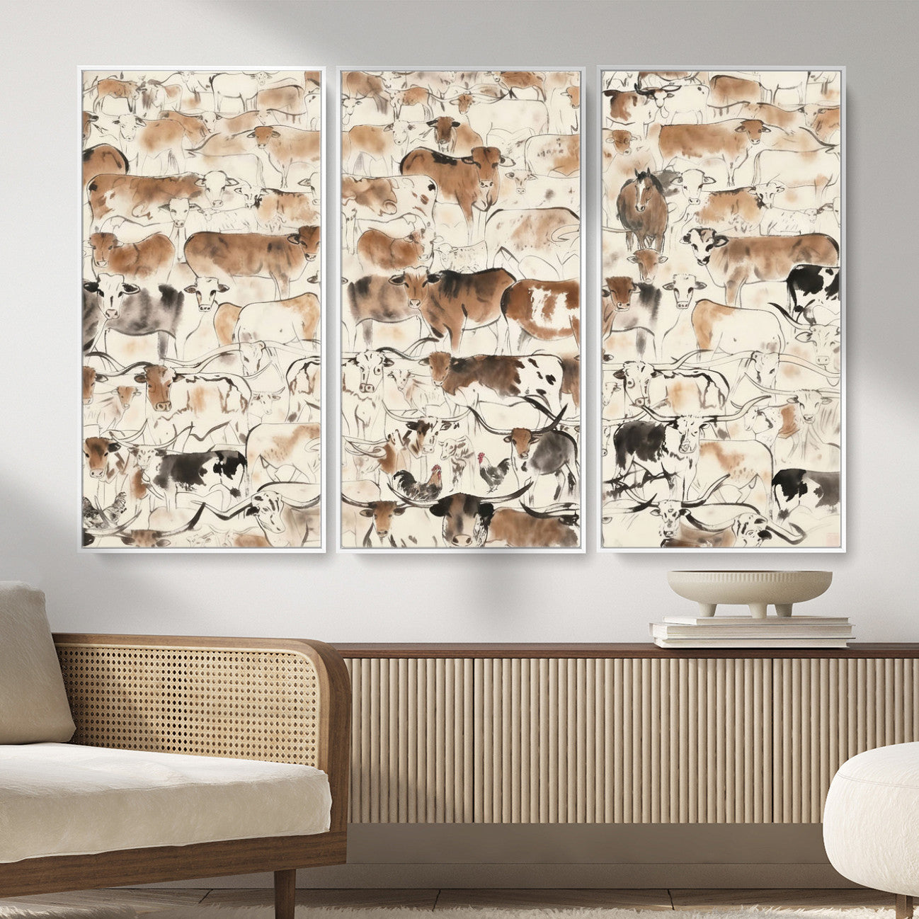 69961368-MGV-CV-36X24 - Farmhouse Animals Wall Art Canvas Print - Abstract Farm Animal Drawing Mid-Century Wall Art for Cabin Decor