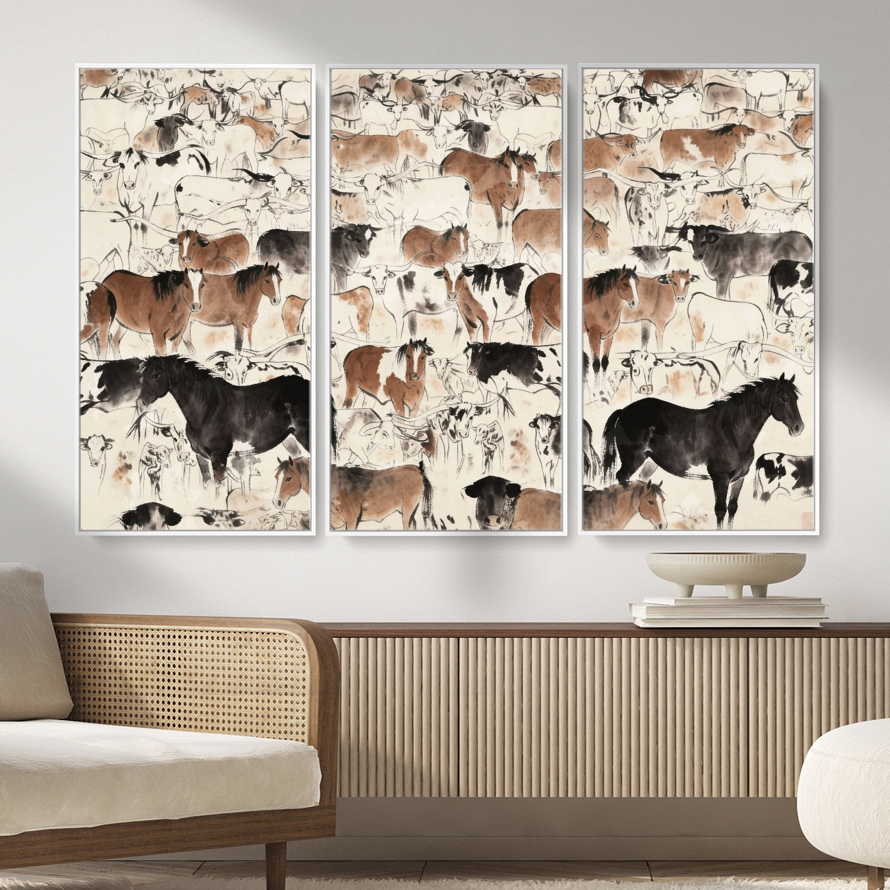 74171578-MGV-CV-36X24 - Farmhouse Animals Wall Art Canvas Print - Abstract Farm Animal Drawing Mid-Century Wall Art for Cabin Decor