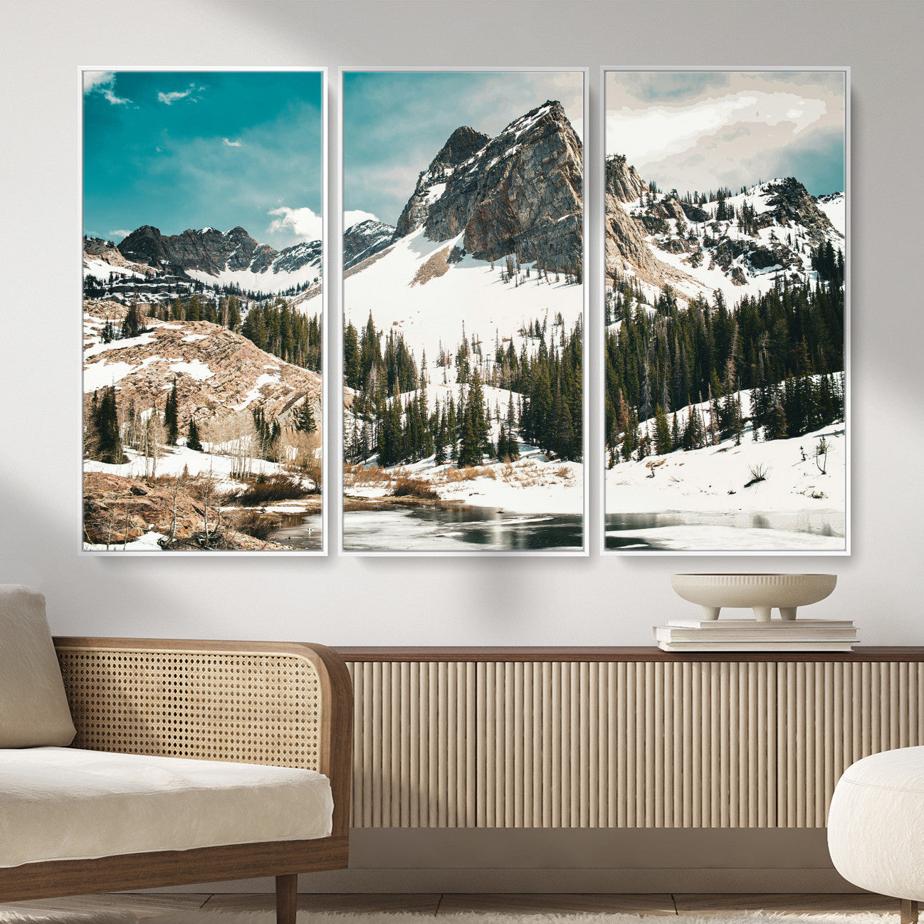 56837070-MGV-CV-36X24 - Snowy Mountain Landscape Wall Art Canvas Print, Alpine Pine Forest Winter Nature Wall Decor for Living Room and Office